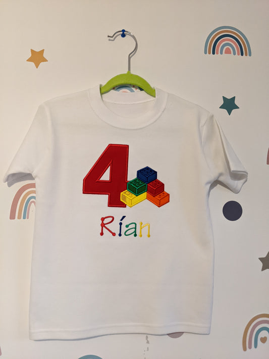 Children Personalised Birthday Tshirt with Building Blocks Bricks - Embroidery