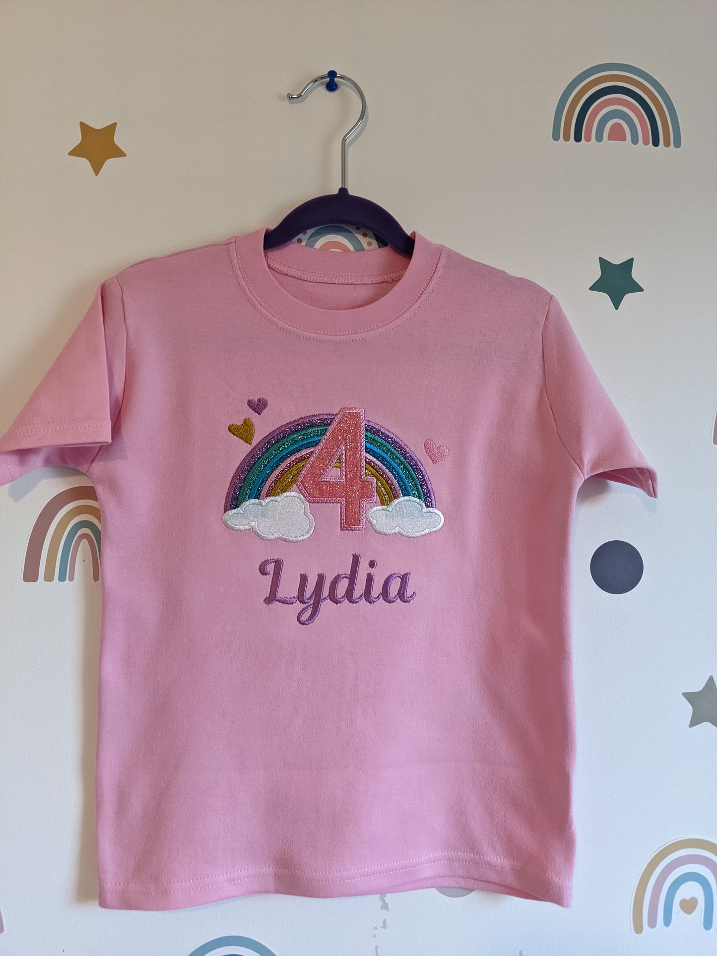 Personalised Birthday Tshirt with Rainbow and Cloud - Embroidery