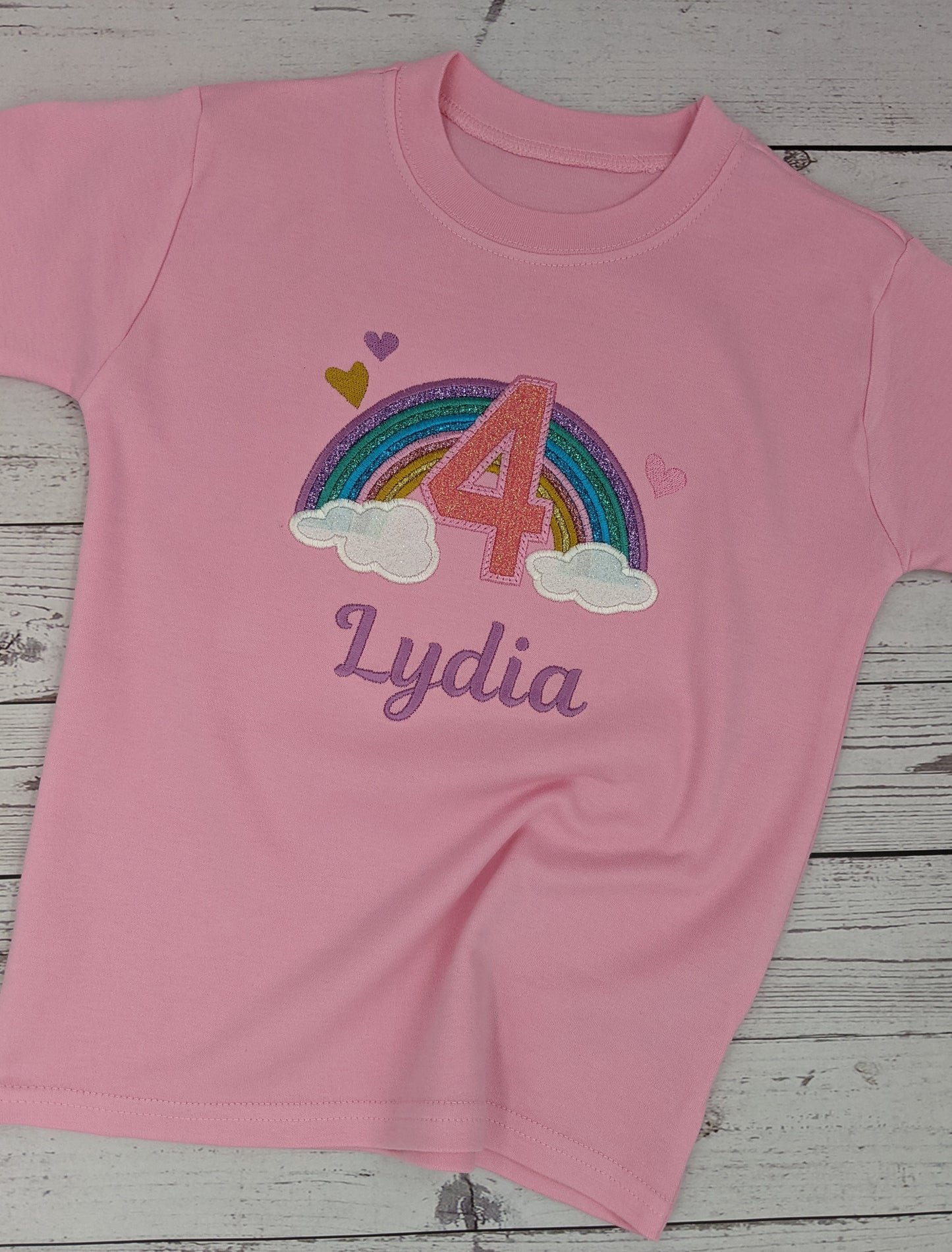 Personalised Birthday Tshirt with Rainbow and Cloud - Embroidery