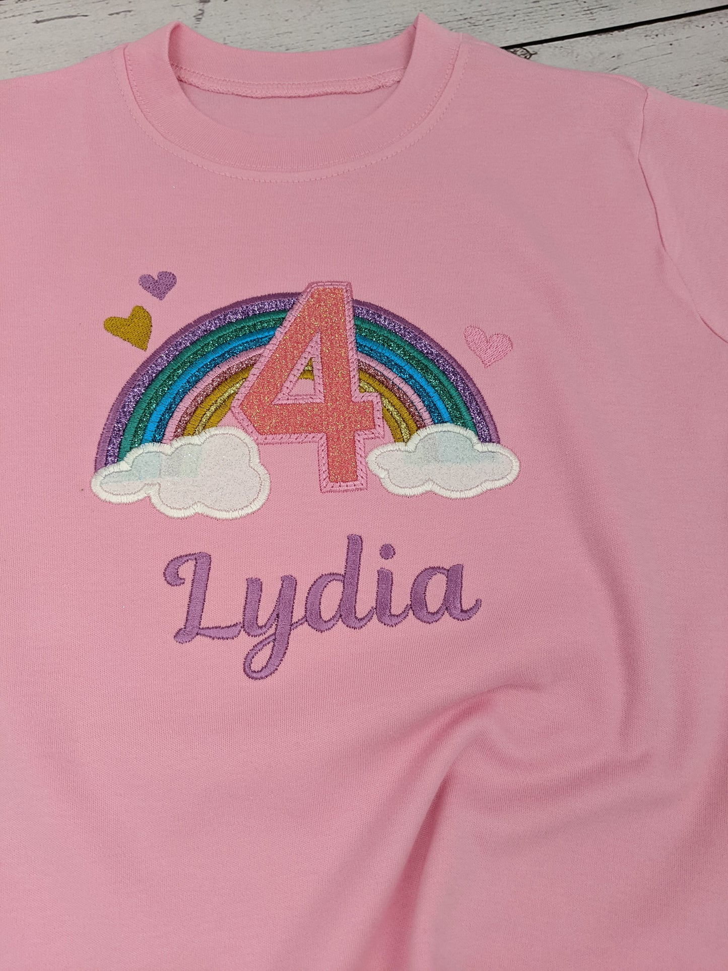 Personalised Birthday Tshirt with Rainbow and Cloud - Embroidery