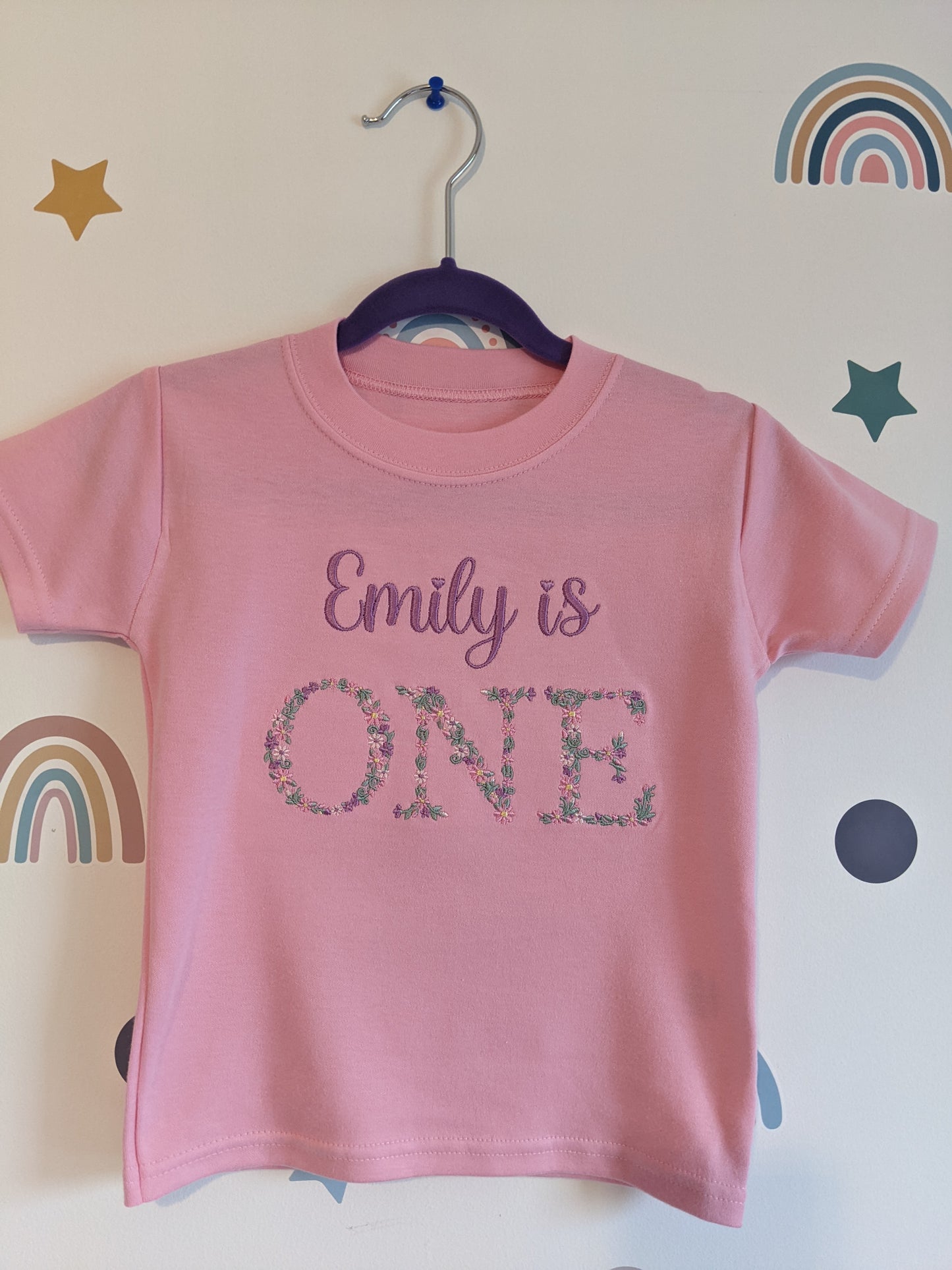 Children Personalised 1st Birthday Tshirt with Monogram Floral Font- Embroidery