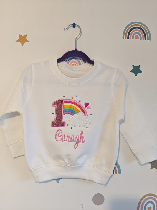 Children Personalised Birthday Sweatshirt with Rainbow and Cloud - Embroidery