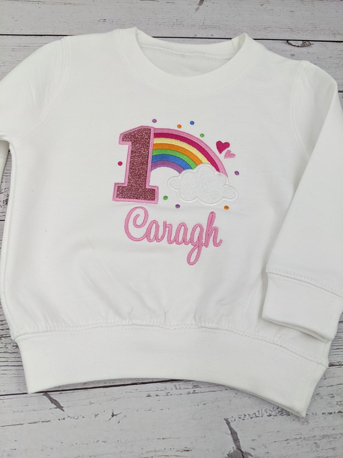 Children Personalised Birthday Sweatshirt with Rainbow and Cloud - Embroidery