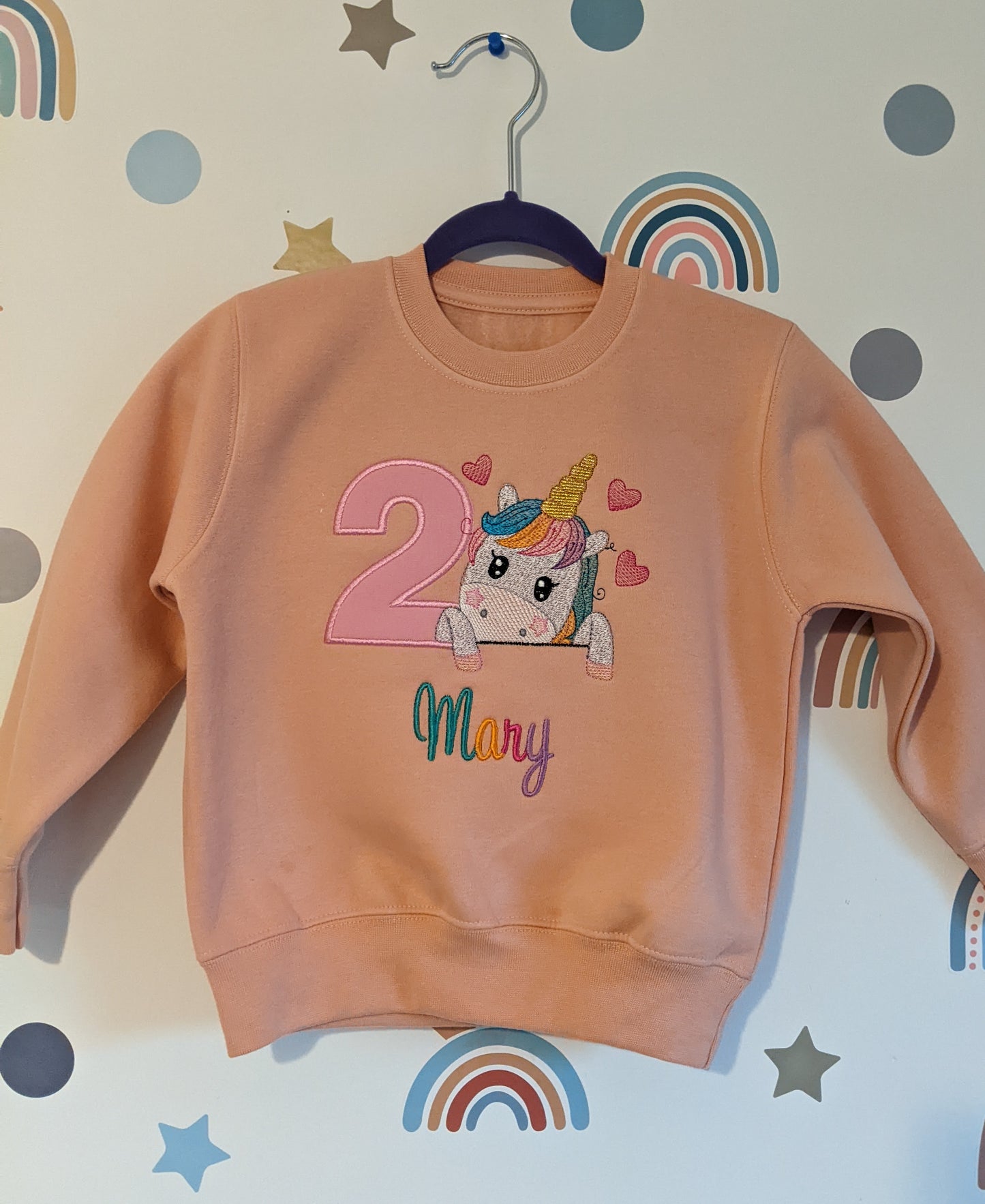 Children Personalised Birthday sweatshirt with Unicorn  and Hearts - Embroidery