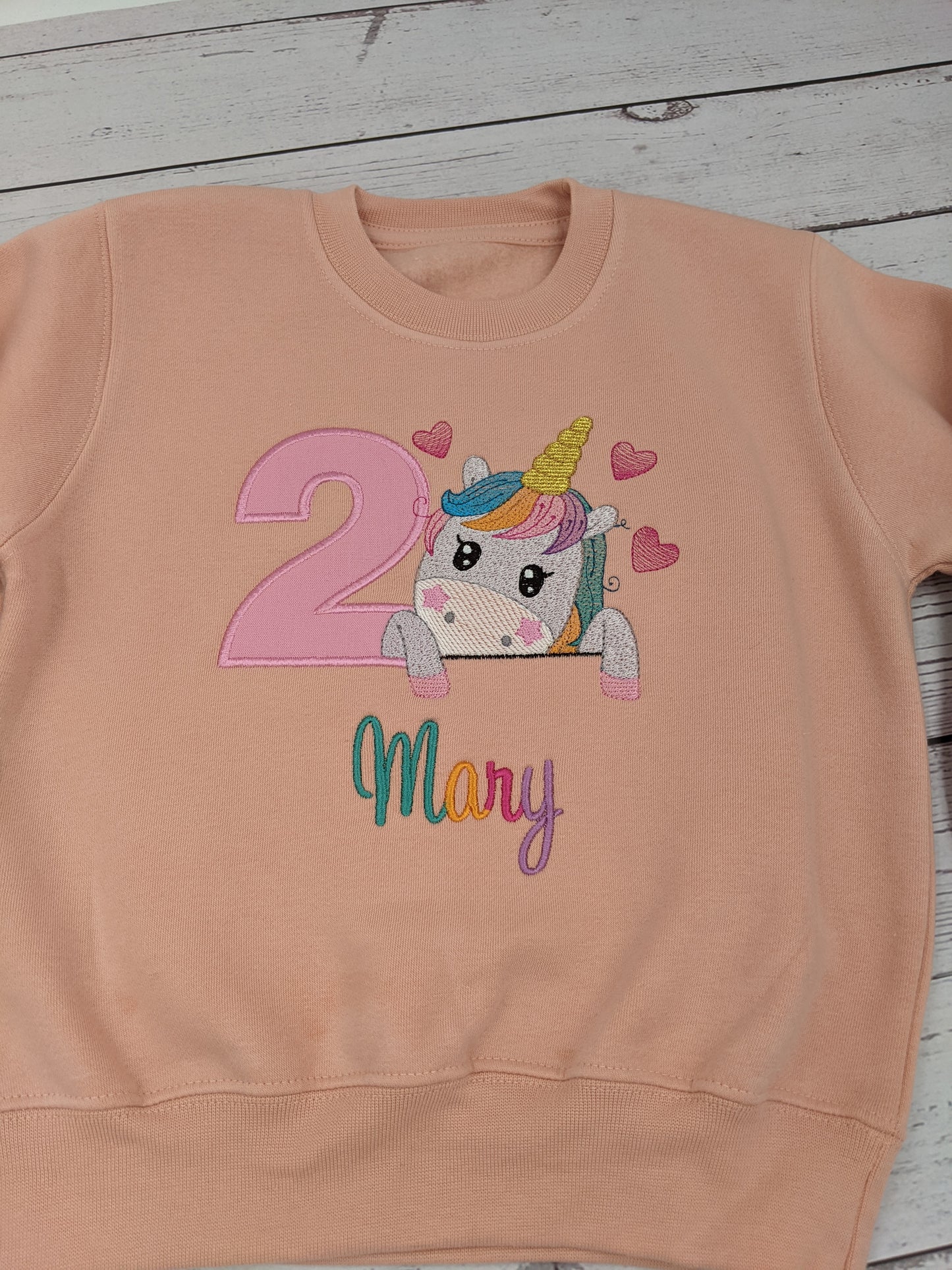 Children Personalised Birthday sweatshirt with Unicorn  and Hearts - Embroidery