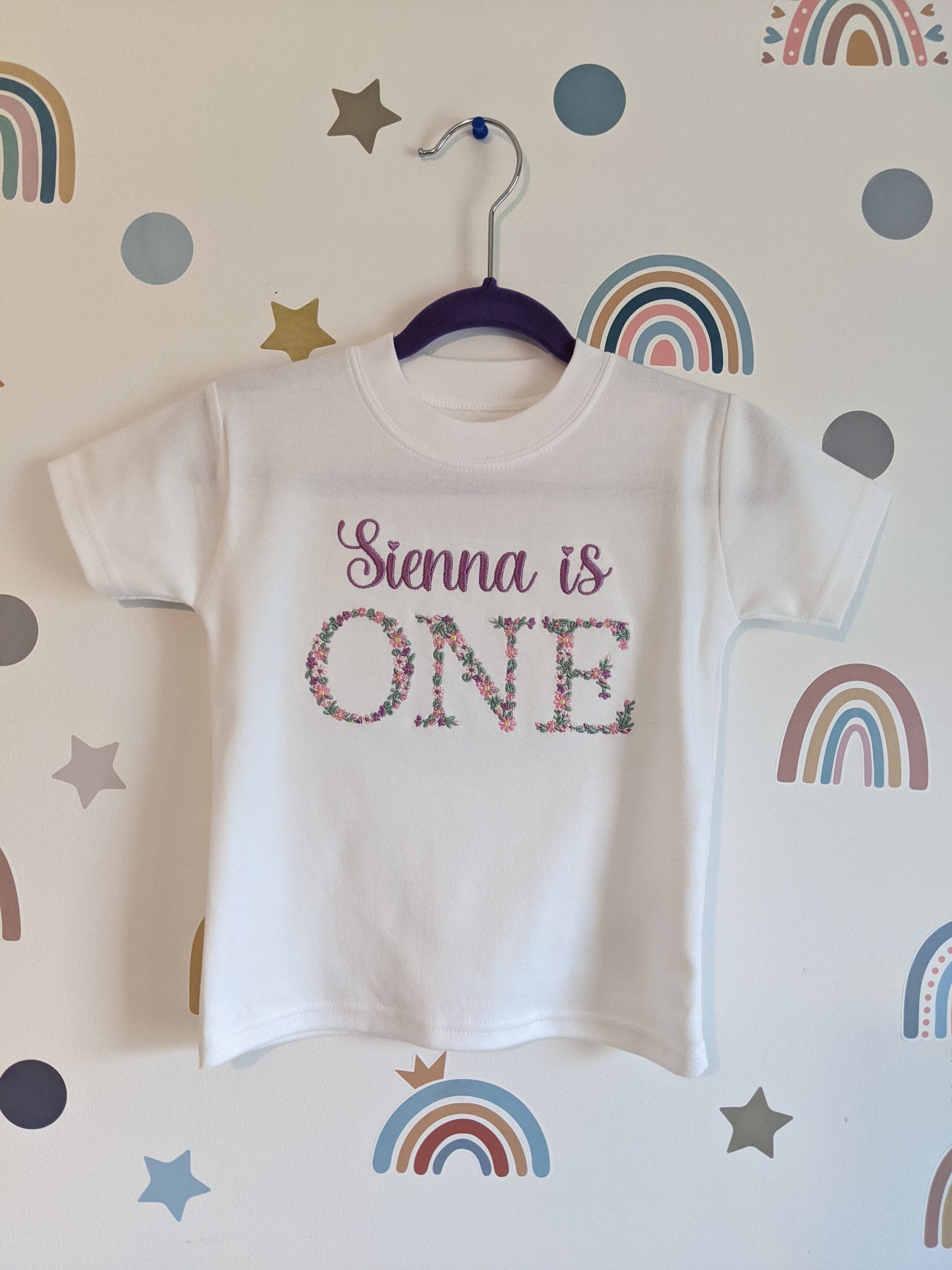 Children Personalised 1st Birthday Tshirt with Monogram Floral Font- Embroidery