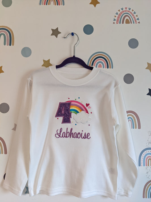 Children Personalised Birthday Tshirt with Rainbow and Cloud - Embroidery