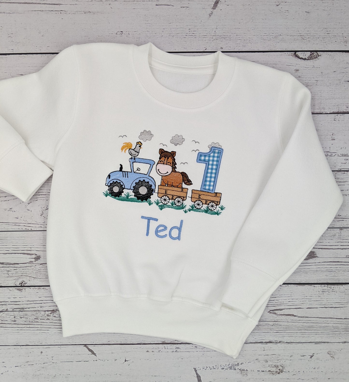 Children Personalised Birthday Sweatshirt  with Tractor  and horse on a Trailer - Embroidery