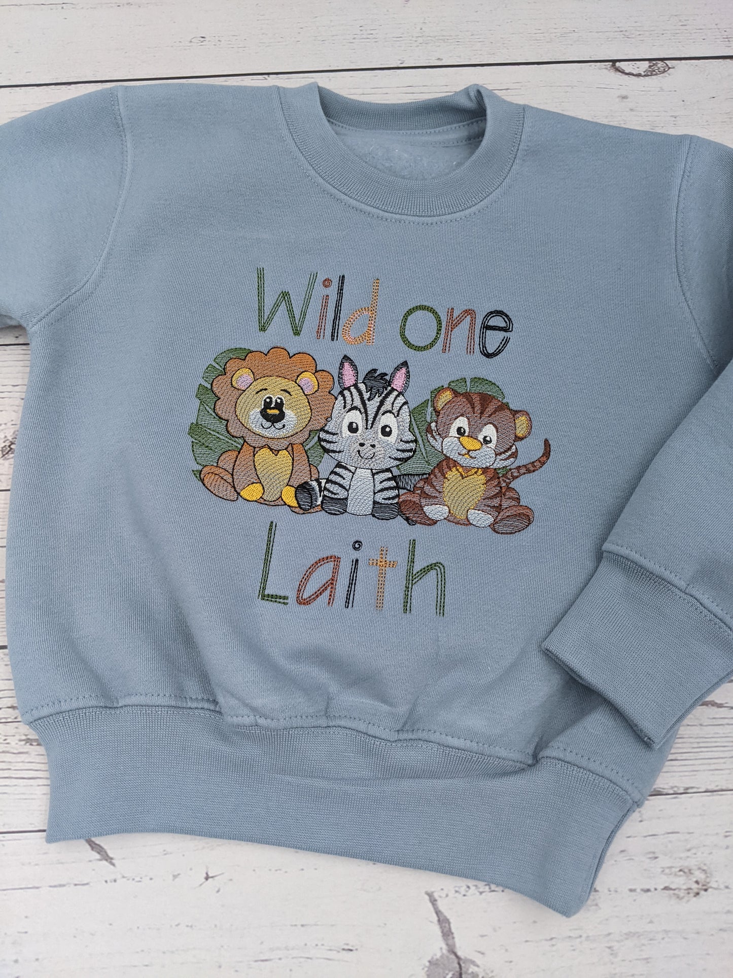 Children Personalised 1st  Birthday Sweatshirt  with Safari Animals  - Embroidery