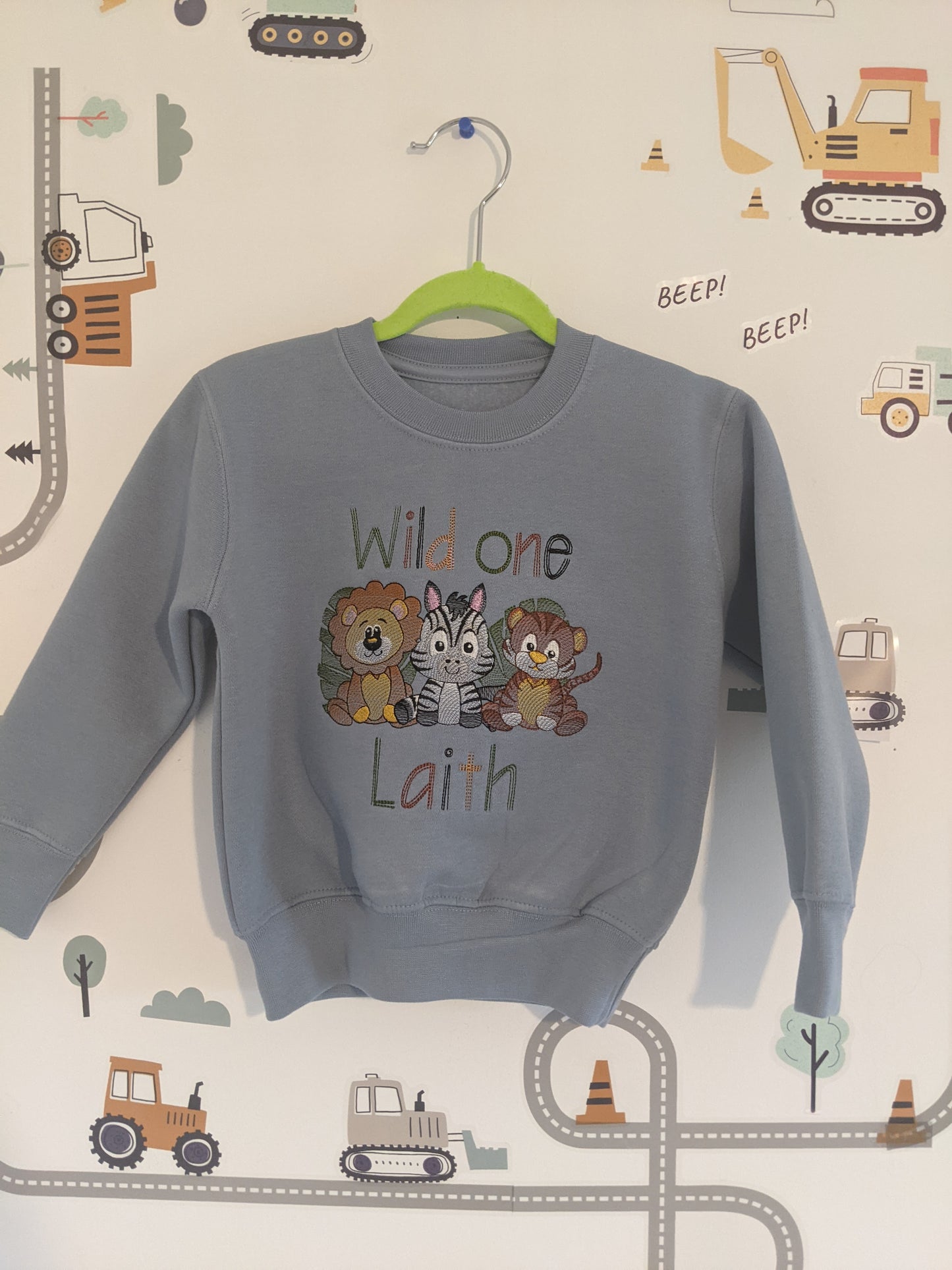 Children Personalised 1st  Birthday Sweatshirt  with Safari Animals  - Embroidery