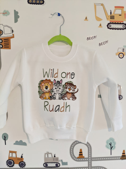 Children Personalised 1st  Birthday Sweatshirt  with Safari Animals  - Embroidery