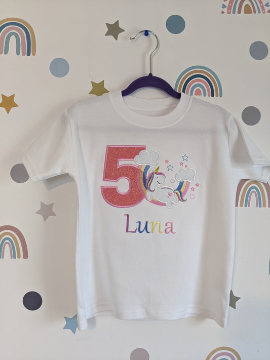 Children Personalised Birthday Tshirt with Unicorn Sleeping on a Rainbow - Embroidery