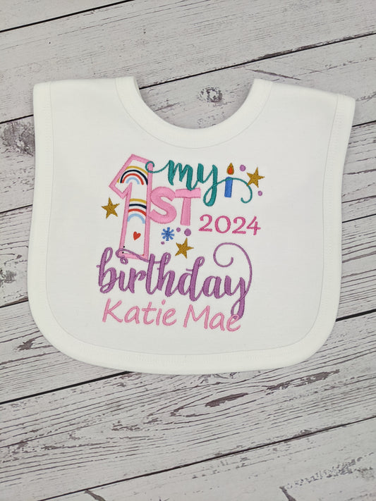 Personalised First Birthday Bib for Girls - Smash the cake !! - Embroidery