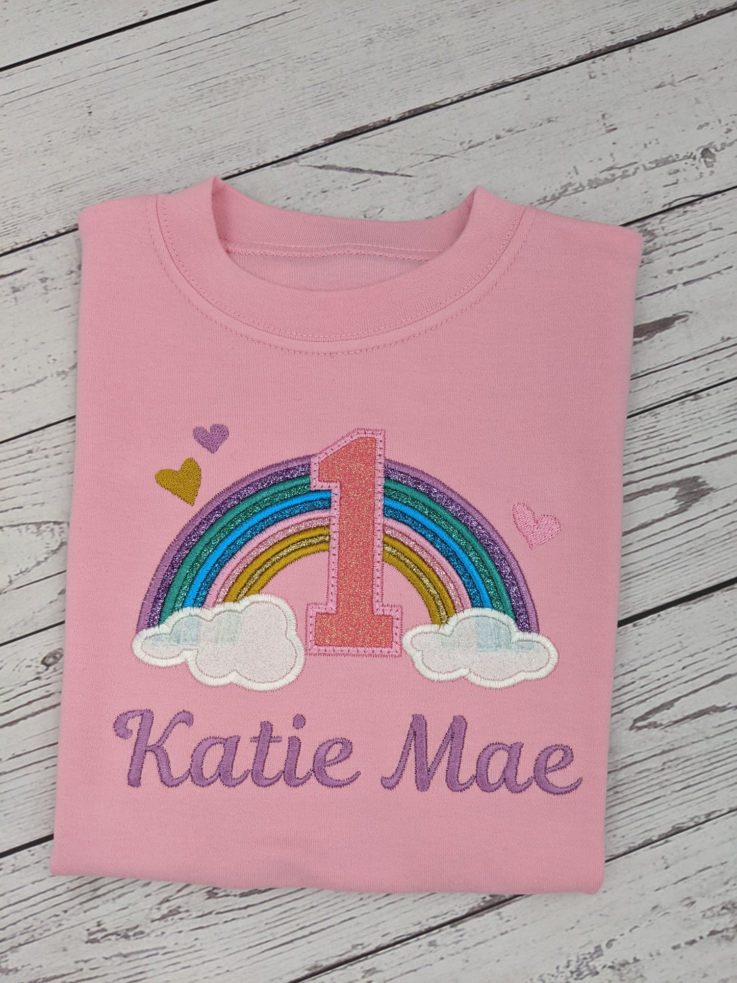 Personalised Birthday Tshirt with Rainbow and Cloud - Embroidery