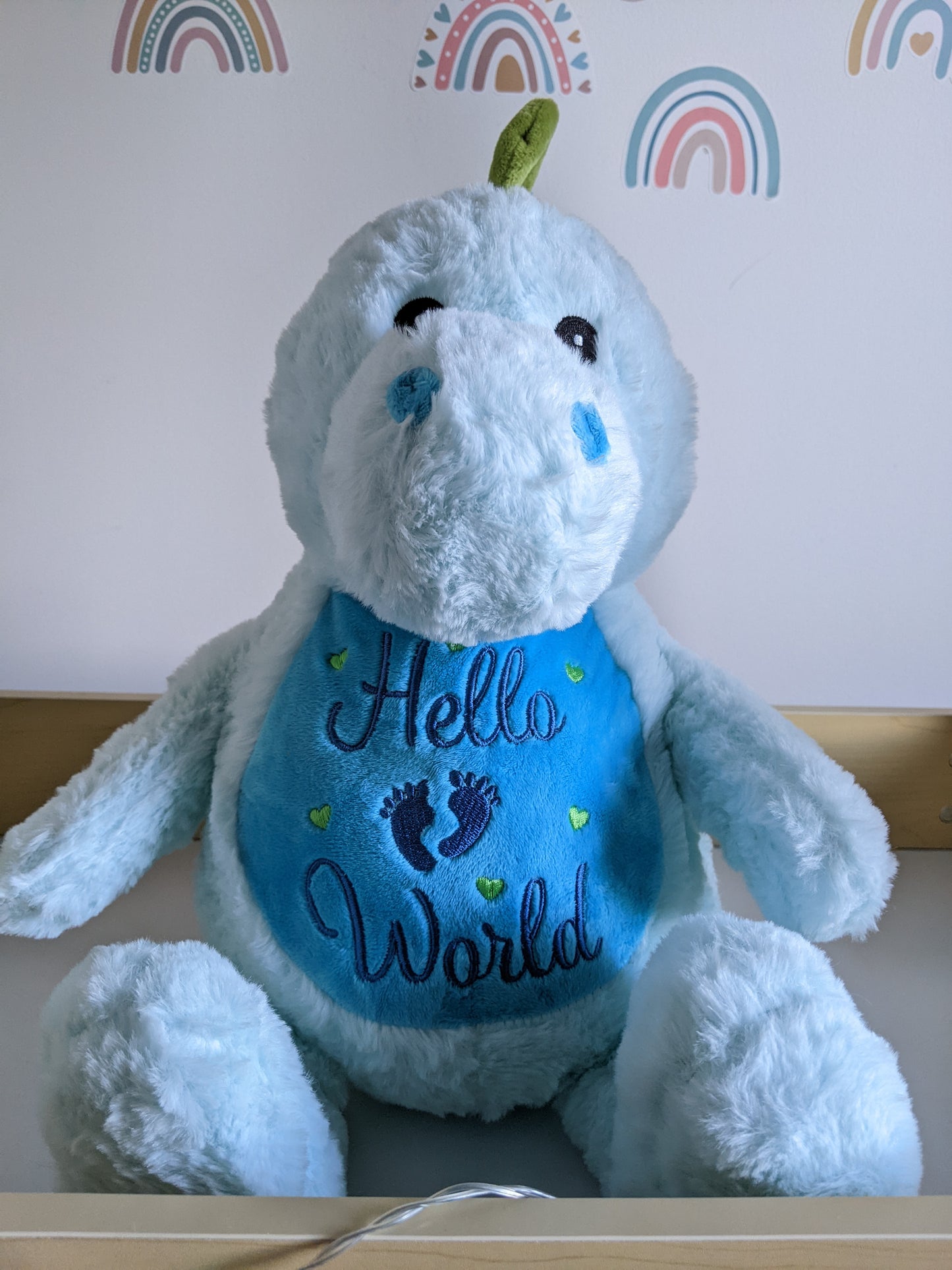 Blue Teddy Bear - Baby Gift personalised with Hello World - Embroidery