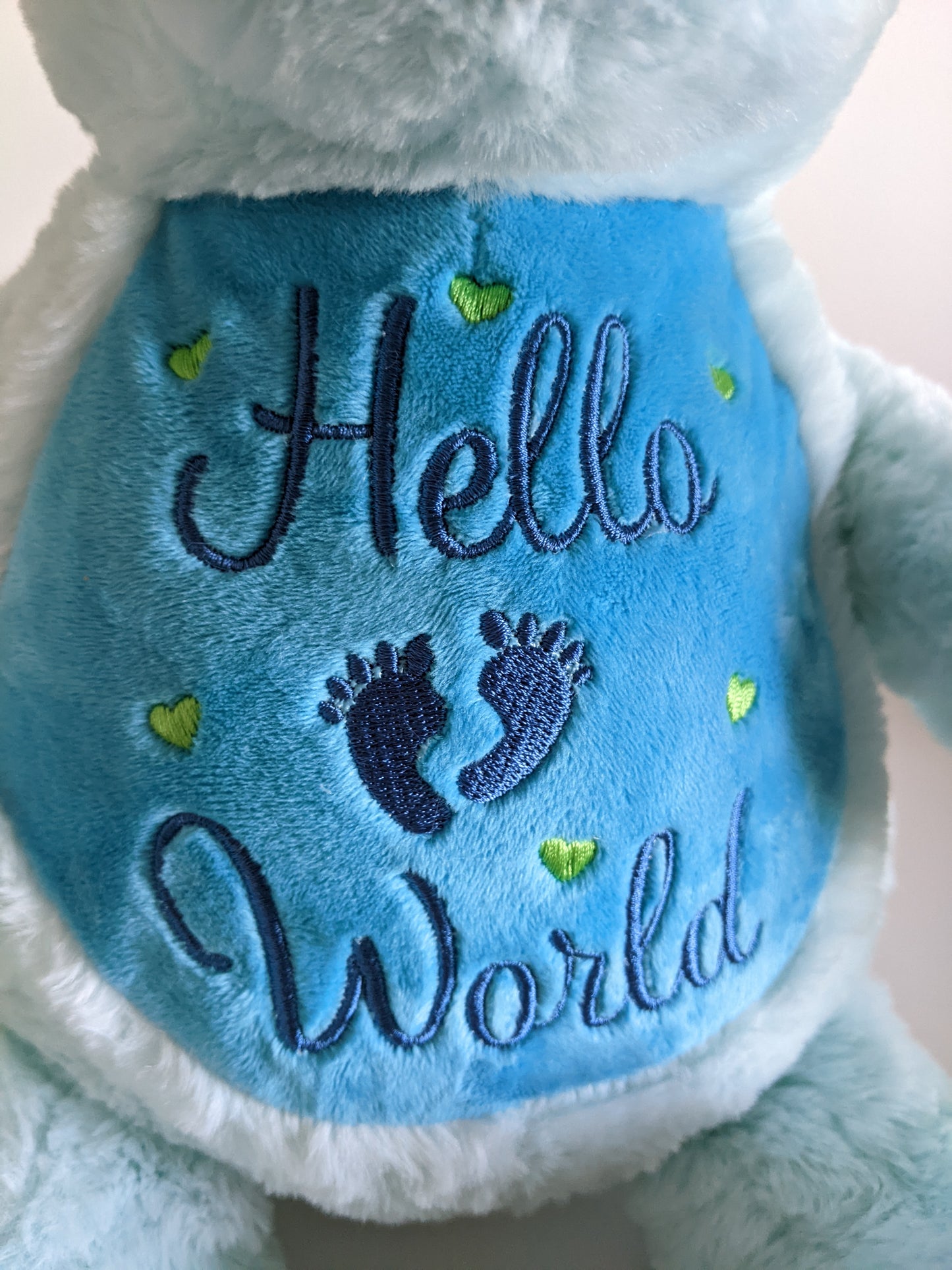 Blue Teddy Bear - Baby Gift personalised with Hello World - Embroidery