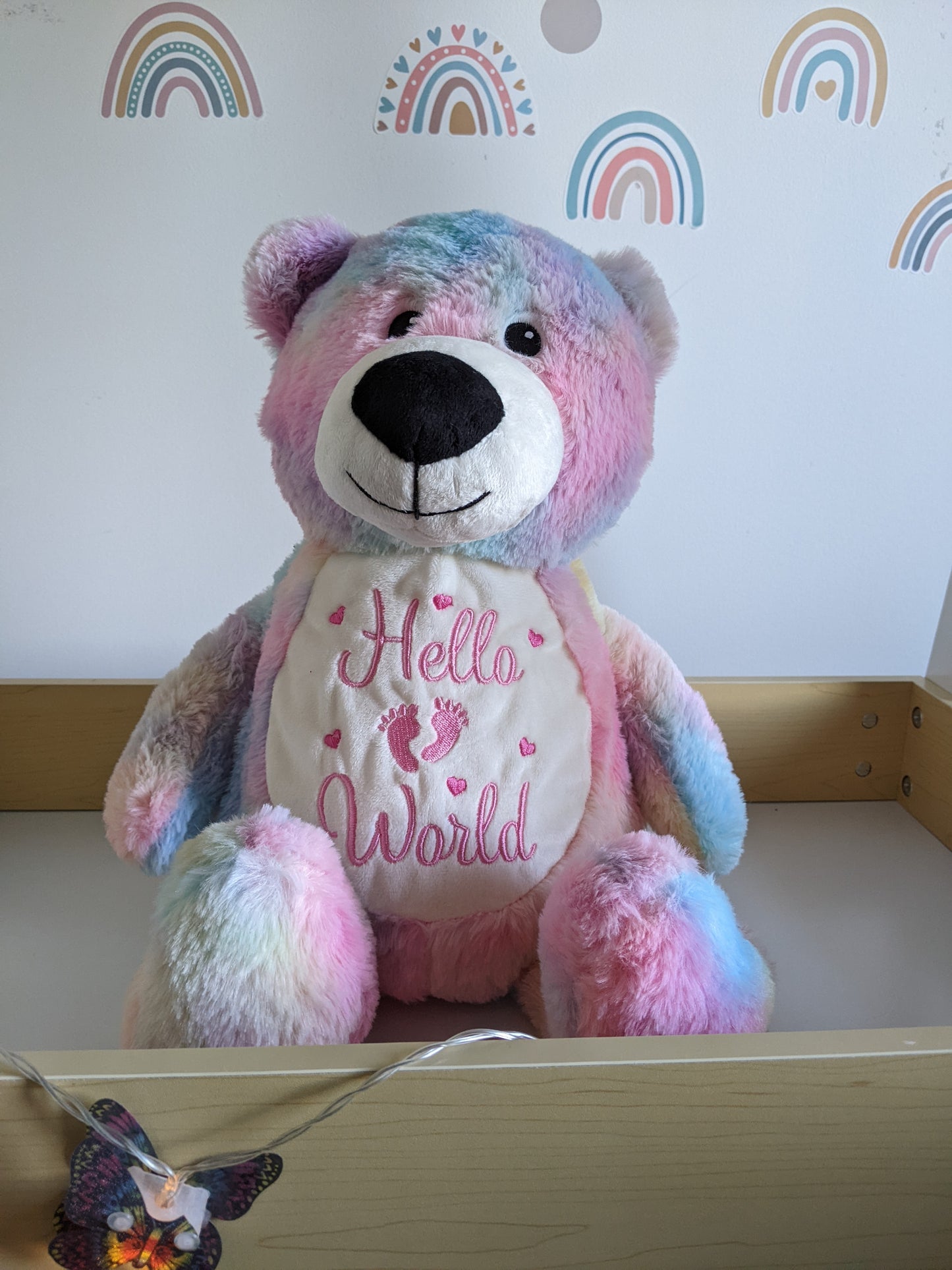 Blue Teddy Bear - Baby Gift personalised with Hello World - Embroidery