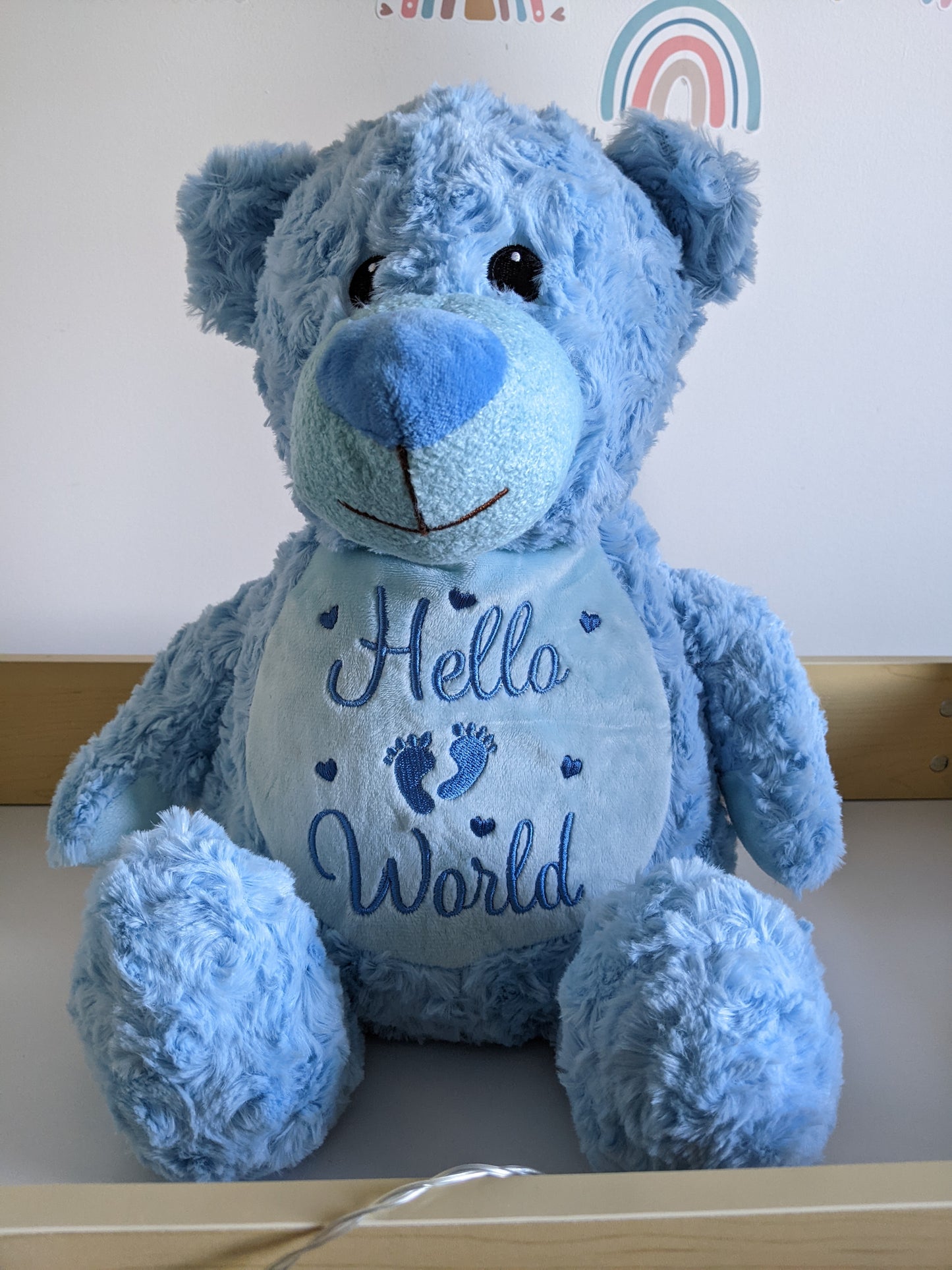 Blue Teddy Bear - Baby Gift personalised with Hello World - Embroidery