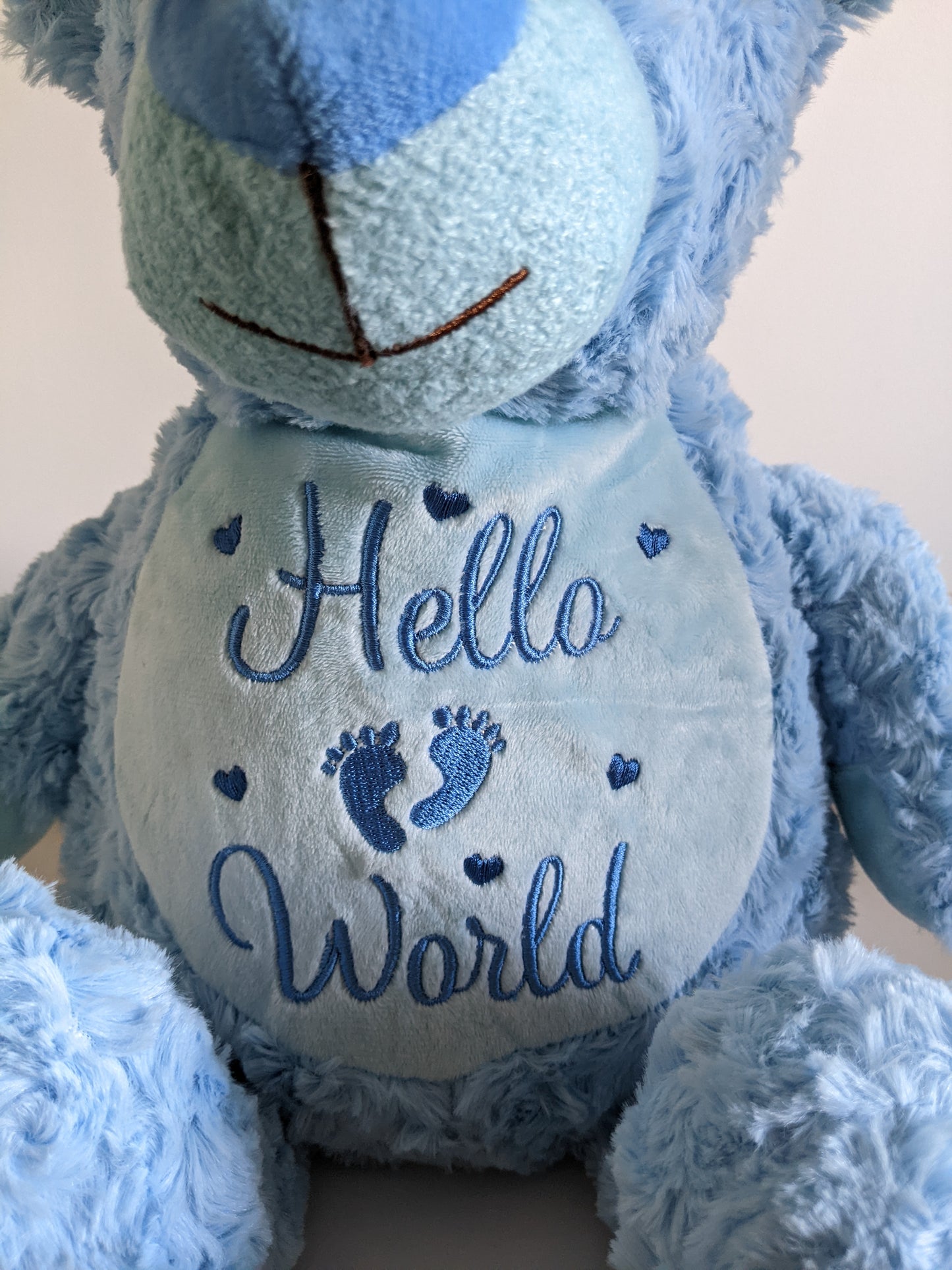 Blue Teddy Bear - Baby Gift personalised with Hello World - Embroidery