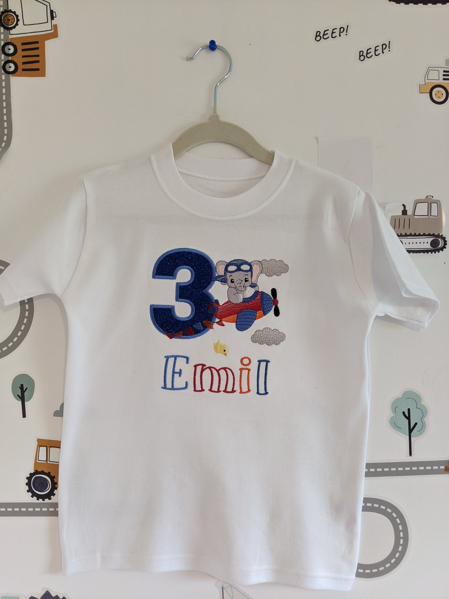 Personalised Birthday Tshirt Elephant and Plane   - Embroidery