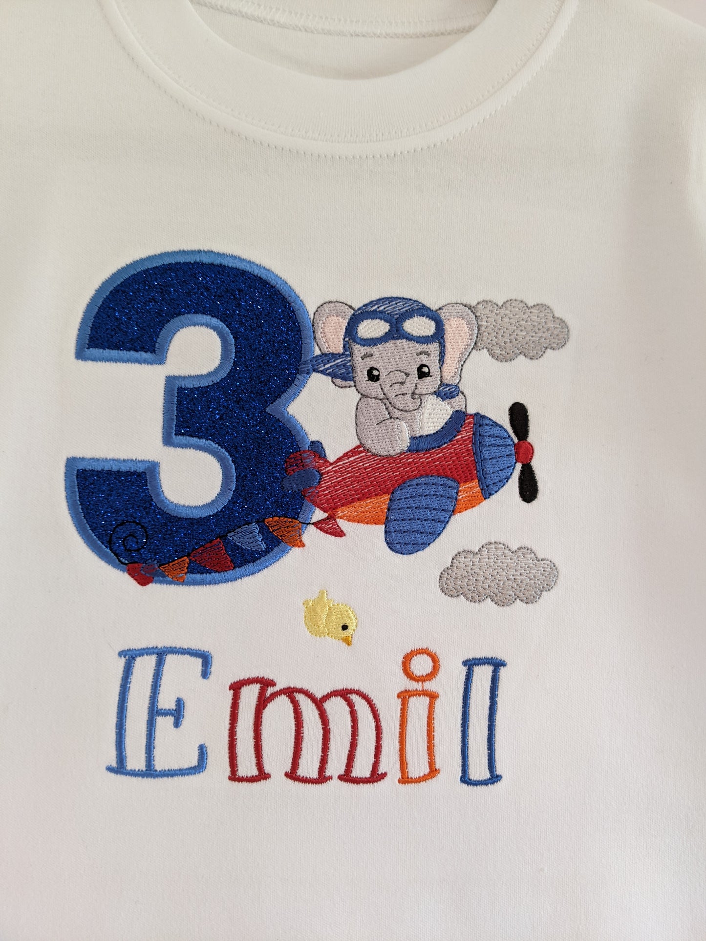 Personalised Birthday Tshirt Elephant and Plane   - Embroidery