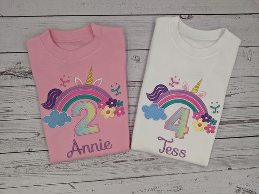 Children Personalised Birthday Tshirt Peek a Boo Unicorn - Embroidery