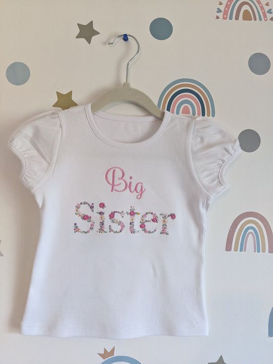 Big  Sister Floral Monogram - Embroidery on Puff sleeve tshirt