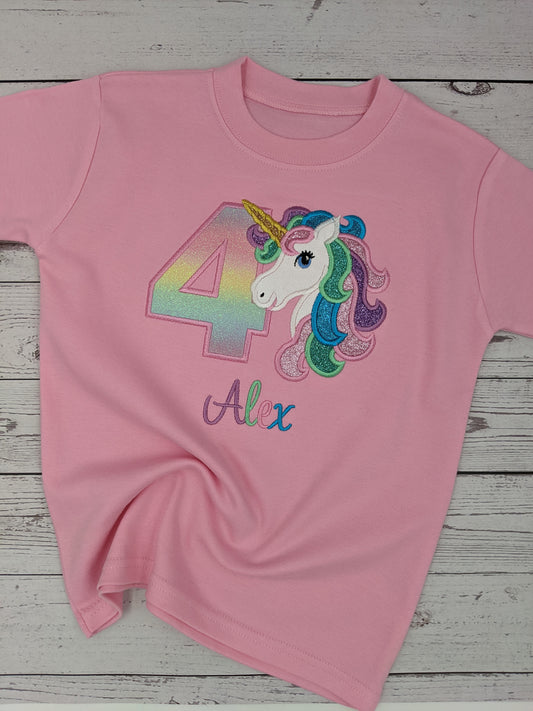 Children Personalised Birthday Tshirt Unicorn and Rainbow Birthday Number