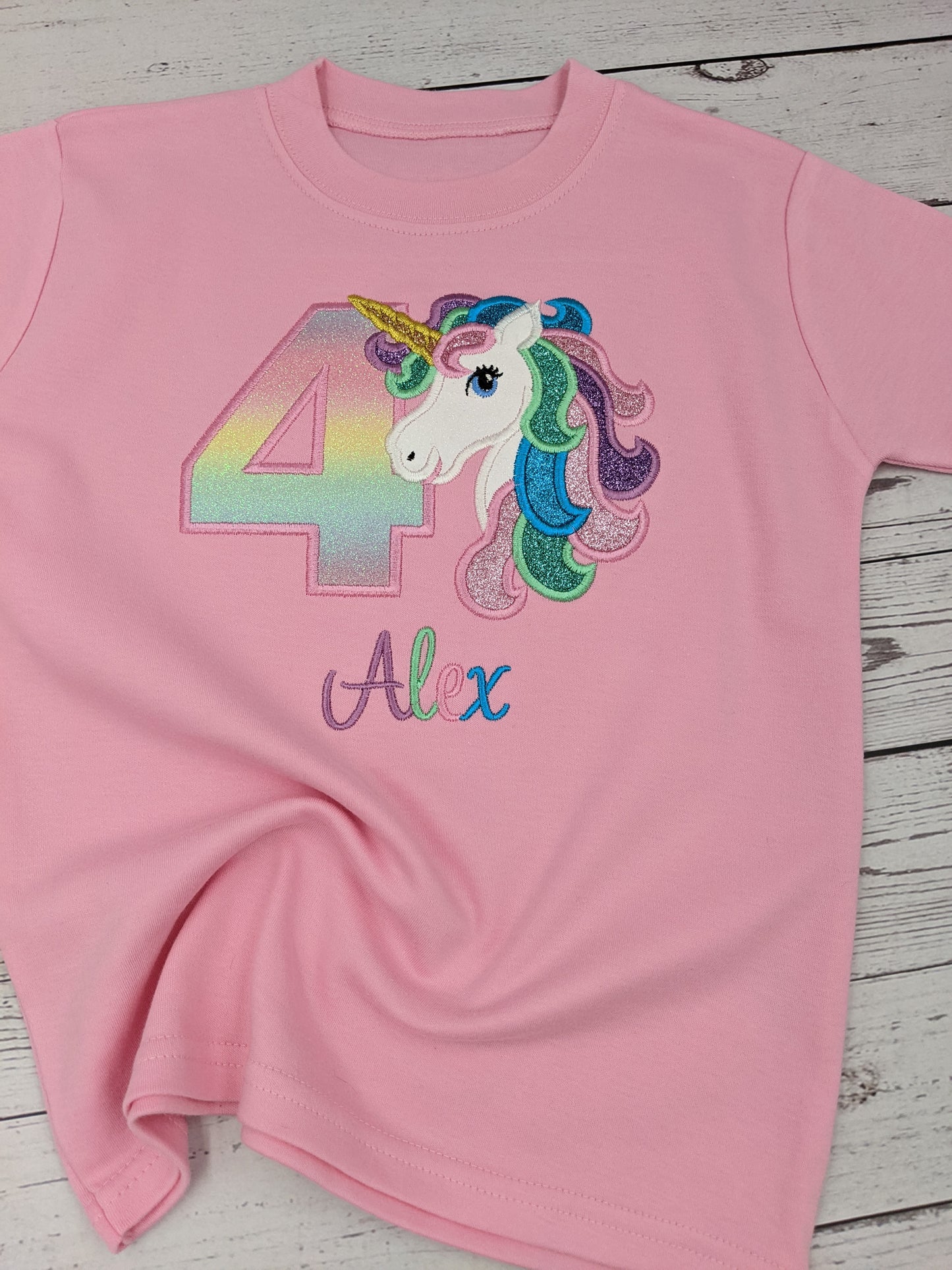 Children Personalised Birthday Tshirt Unicorn and Rainbow Birthday Number