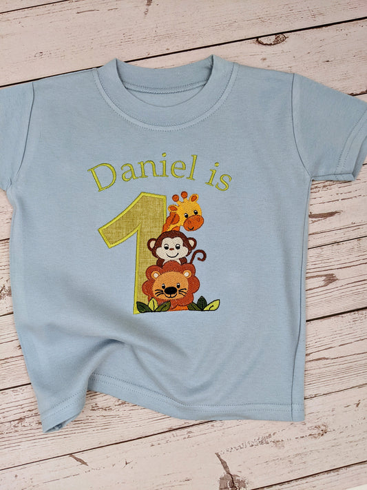 Monkey, Lion and Giraffe Personalised Birthday Tshirt   Embroidery