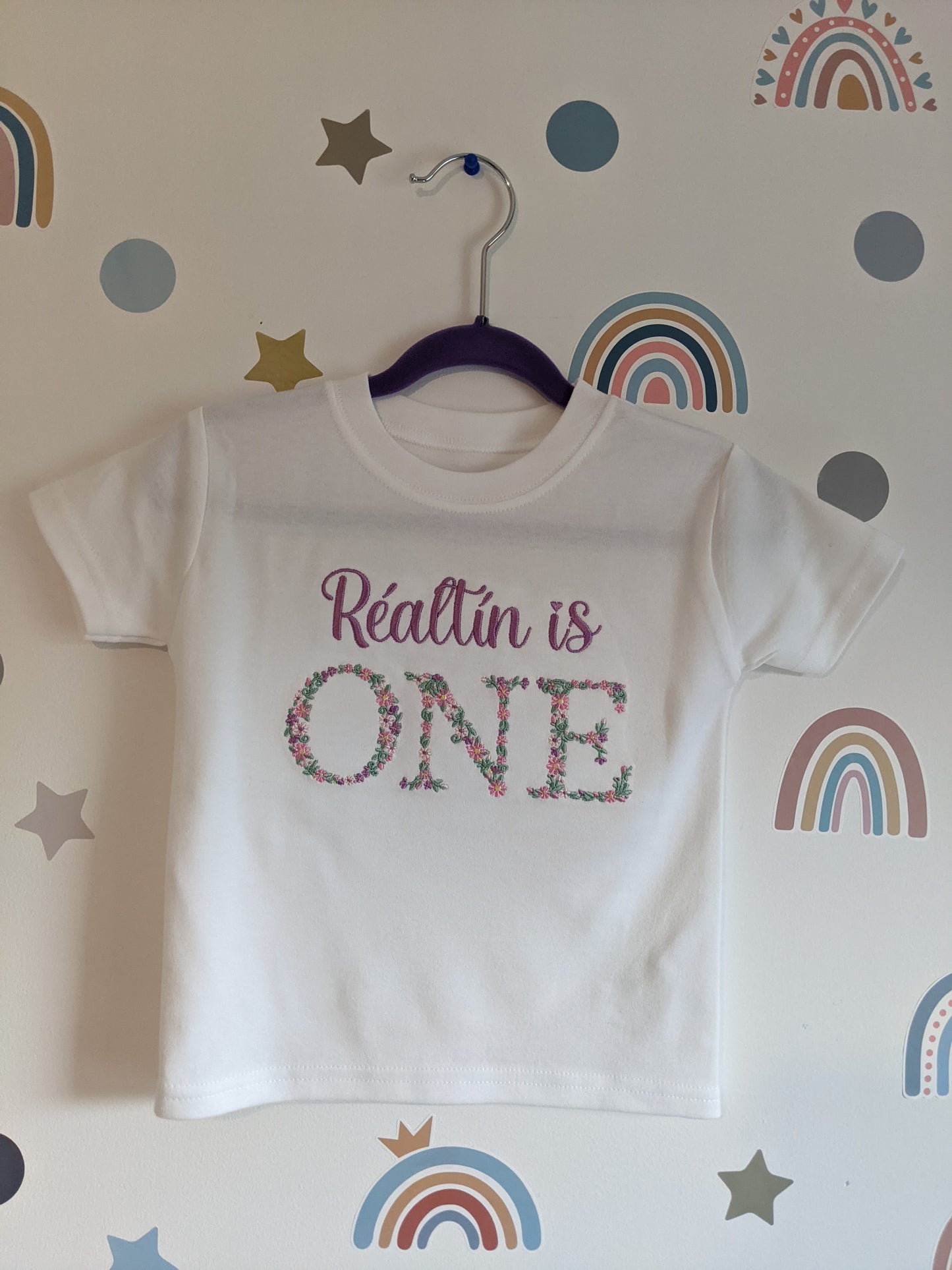 Children Personalised 1st Birthday Tshirt with Monogram Floral Font- Embroidery