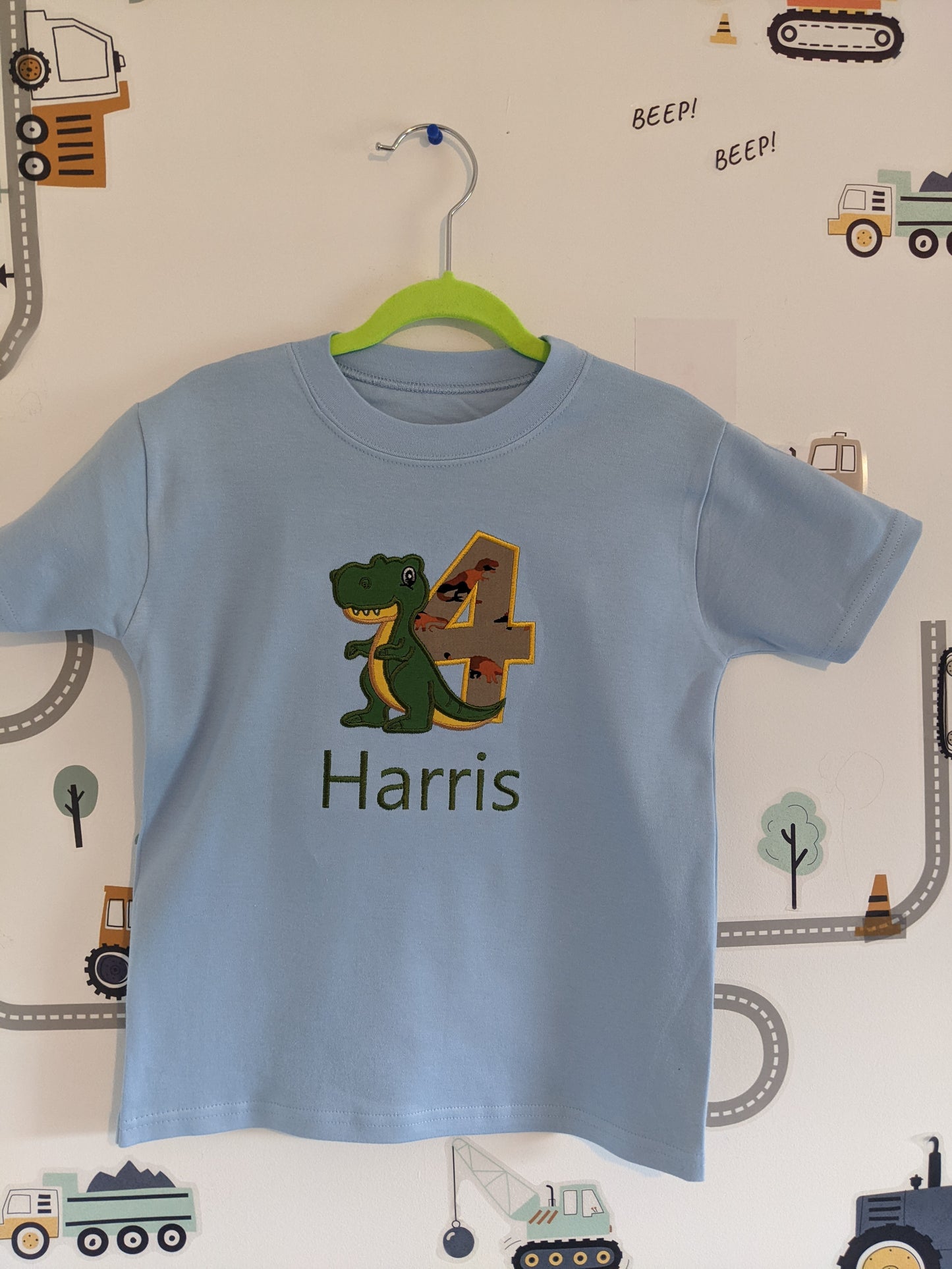 Children Personalised Birthday Tshirt with Cute Trex Dinosaur - Embroidery