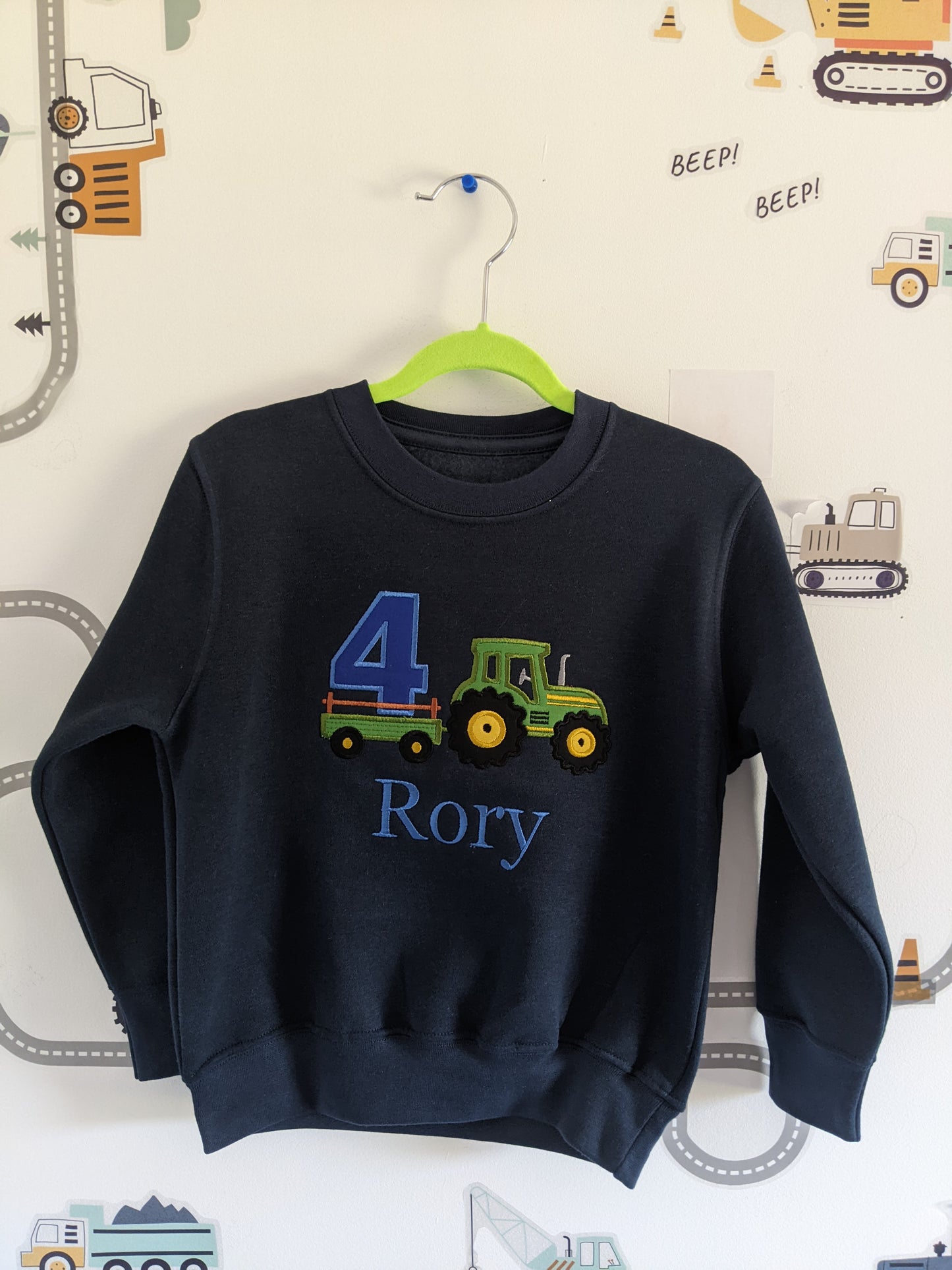 Children Personalised Birthday Sweatshirt with Tractor and Trailer- Embroidery