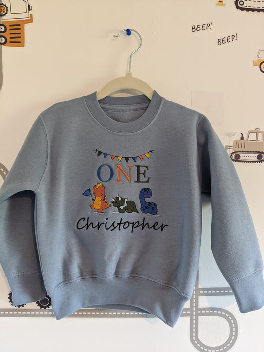 Children Personalised birthday Sweatshirt with trio of dinosaurs  Embroidery