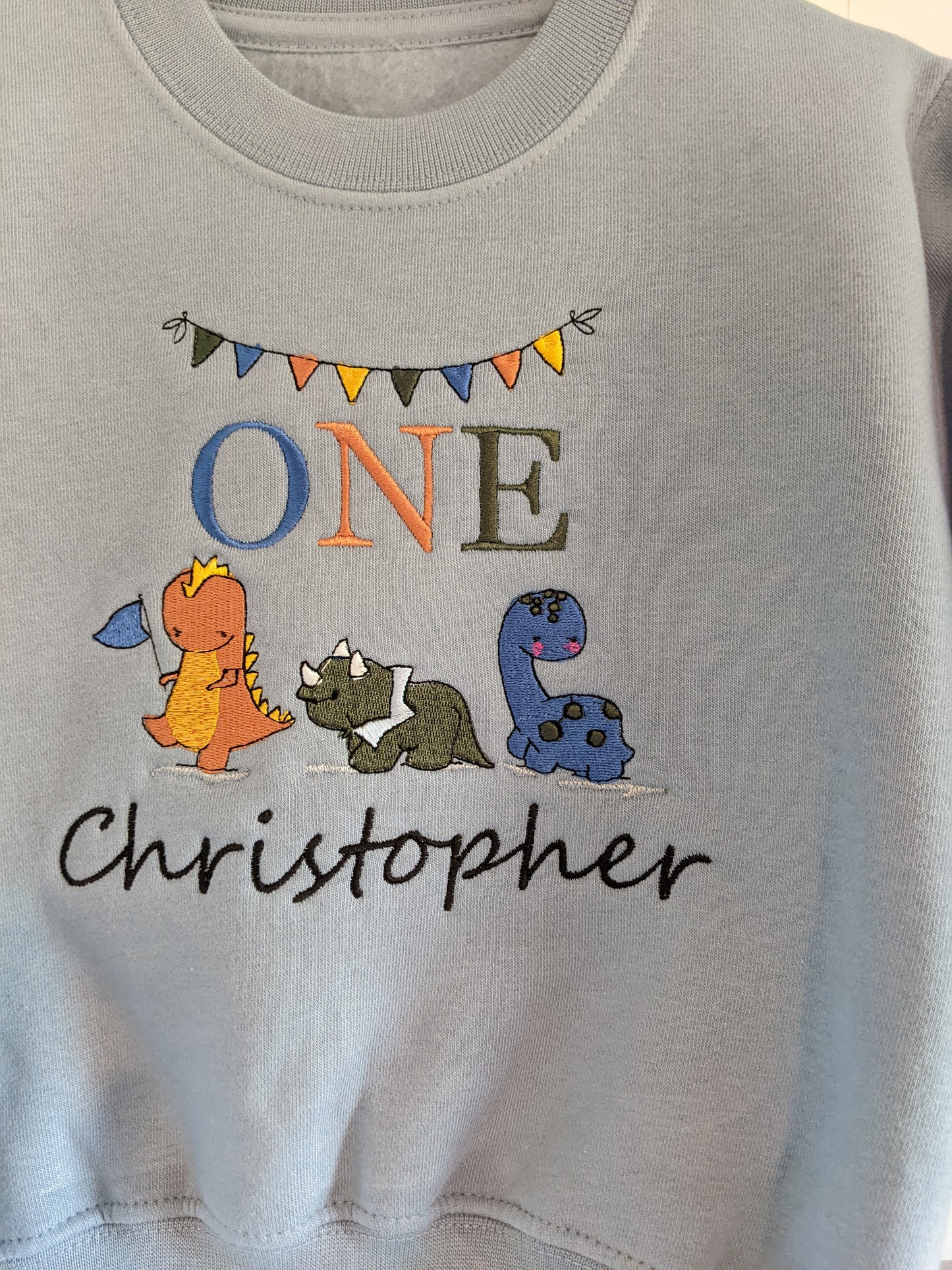 Children Personalised birthday Sweatshirt with trio of dinosaurs  Embroidery