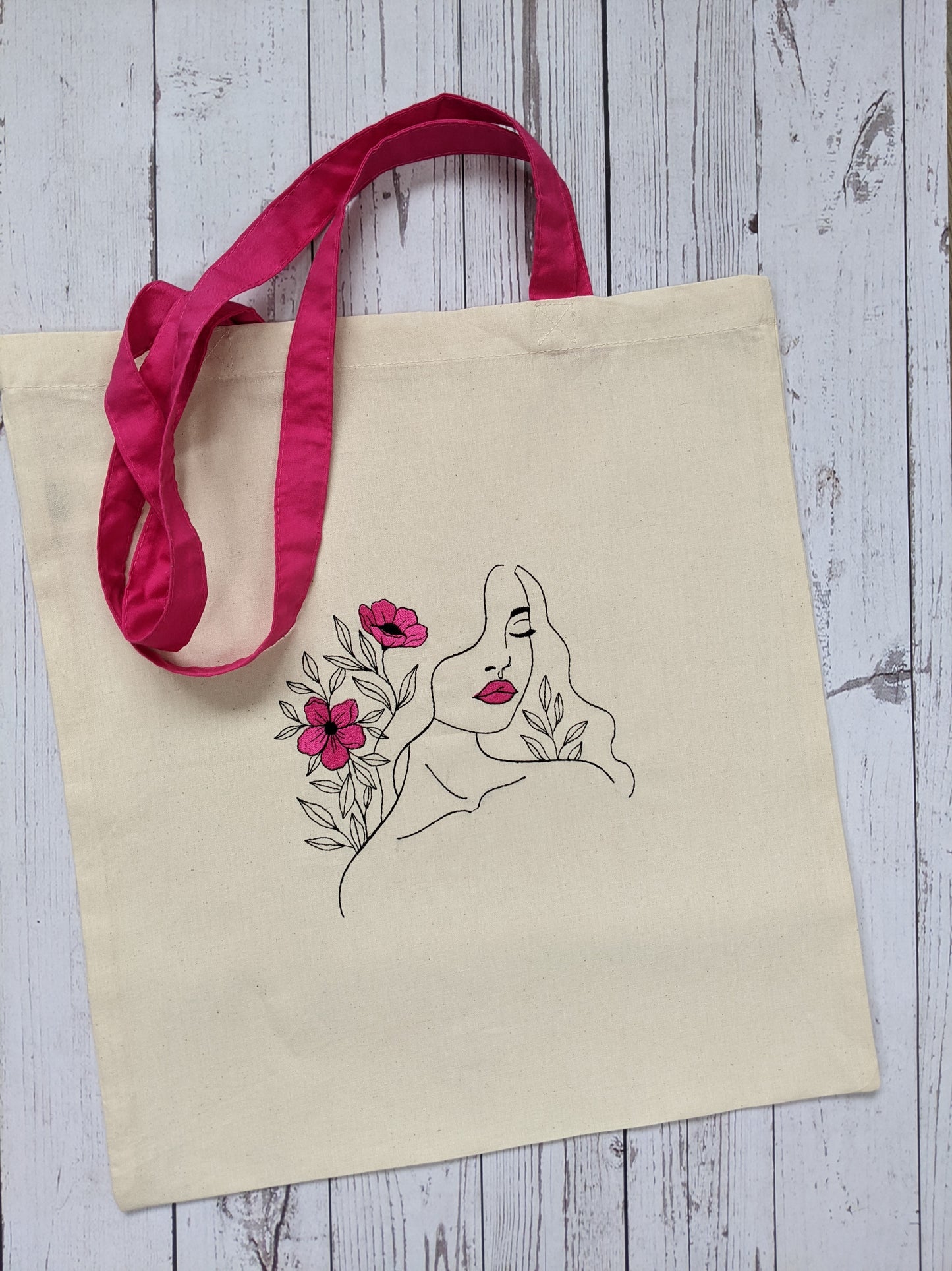 Cotton Tote Bag with Lady face and Hot Pink Flowers - Embroidery