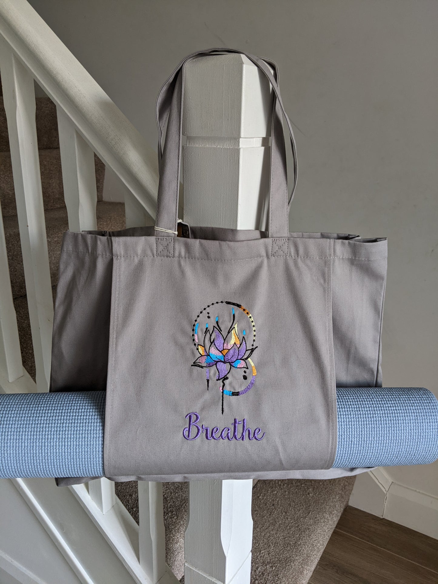 Personalised Yoga Tote Bag Namaste, Yoga Mat Bag with Yoga Mat Pocket, Pilates Mat Bag, Organic Cotton Tote Bag, Large Gym Bag, Embroidery