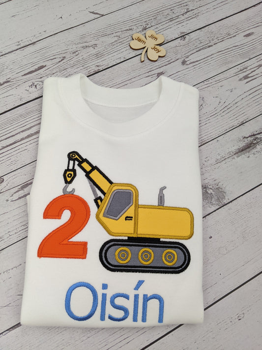 Children Birthday Tshirt Construction with a Crane - Embroidery