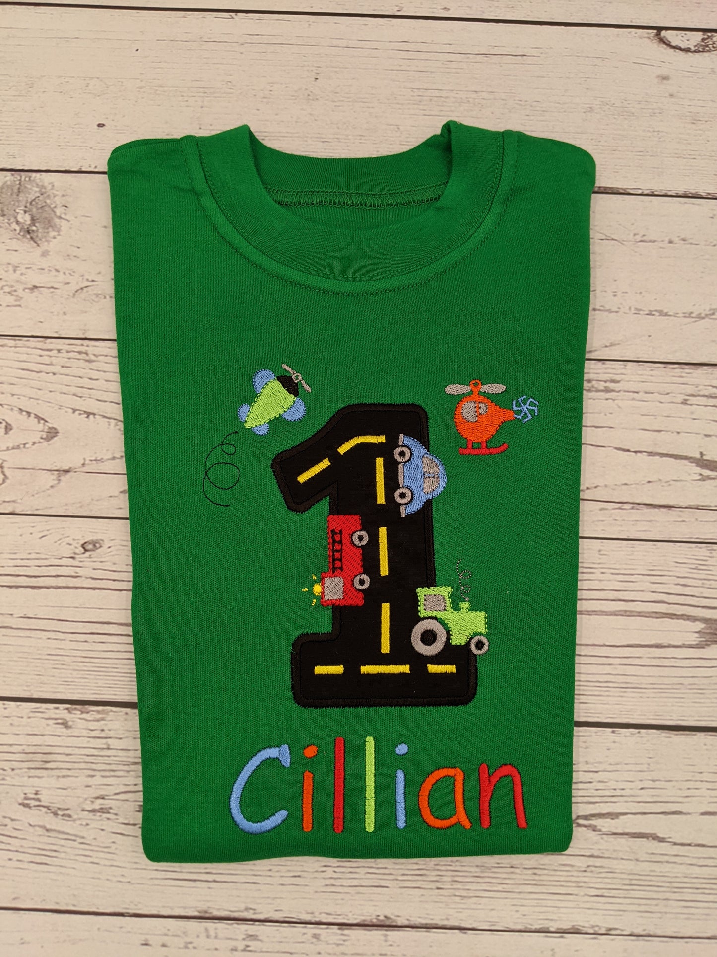 Children's Personalised Helicopter Car Tractor and Road Birthday Number Tshirt | Embroidered | Birthday Tshirt | Boys Birthday Gift