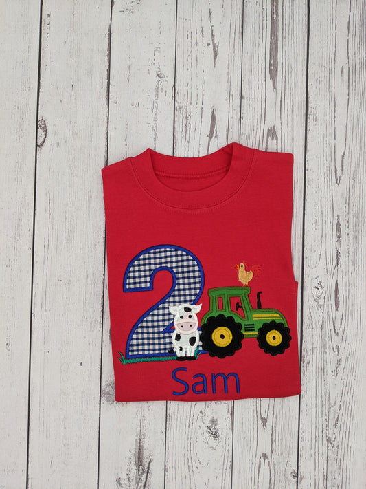 Children Personalised Birthday Tshirt with Farm Animals Cow, Rooster - Embroidery