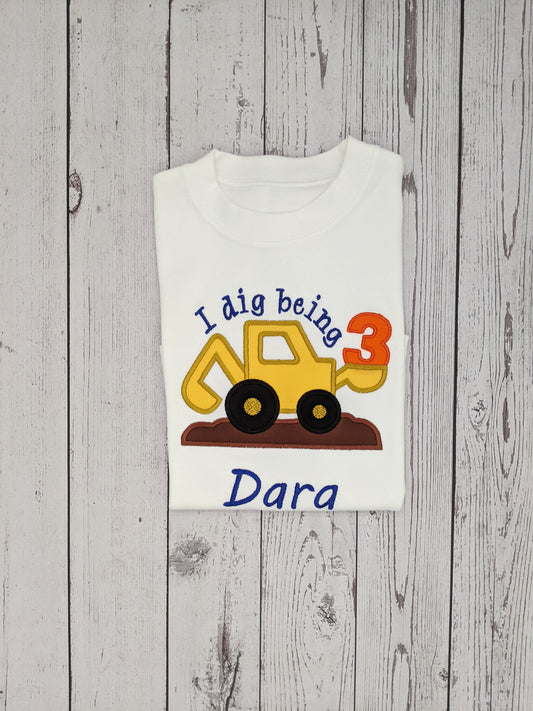 Children Personalised Birthday Tshirt with Digger -Embroidery