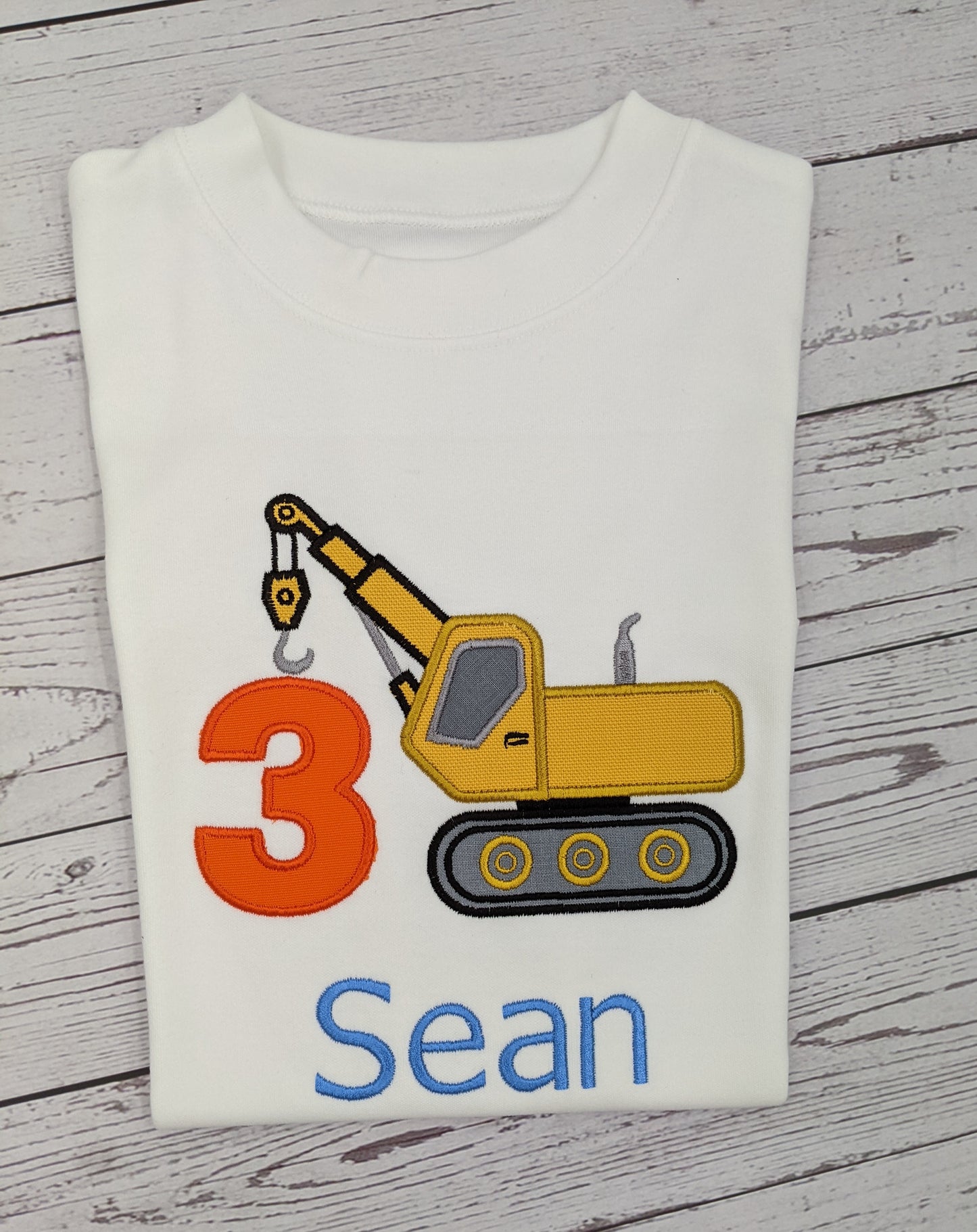 Children Birthday Tshirt Construction with a Crane - Embroidery