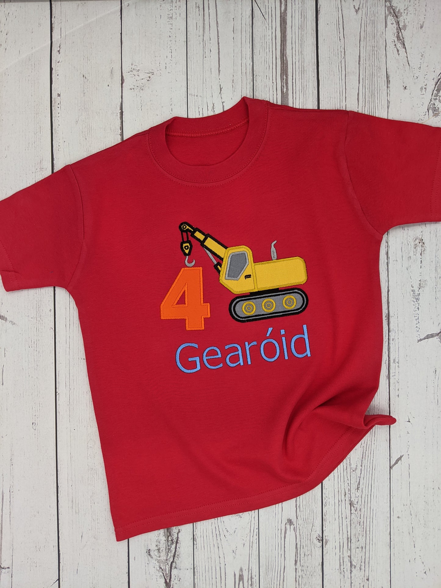 Children Birthday Tshirt Construction with a Crane - Embroidery