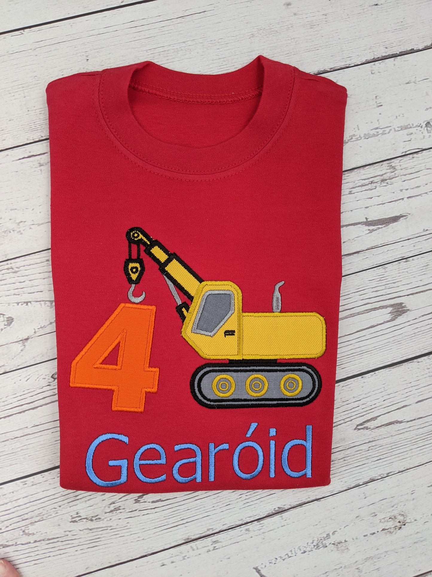 Children Birthday Tshirt Construction with a Crane - Embroidery