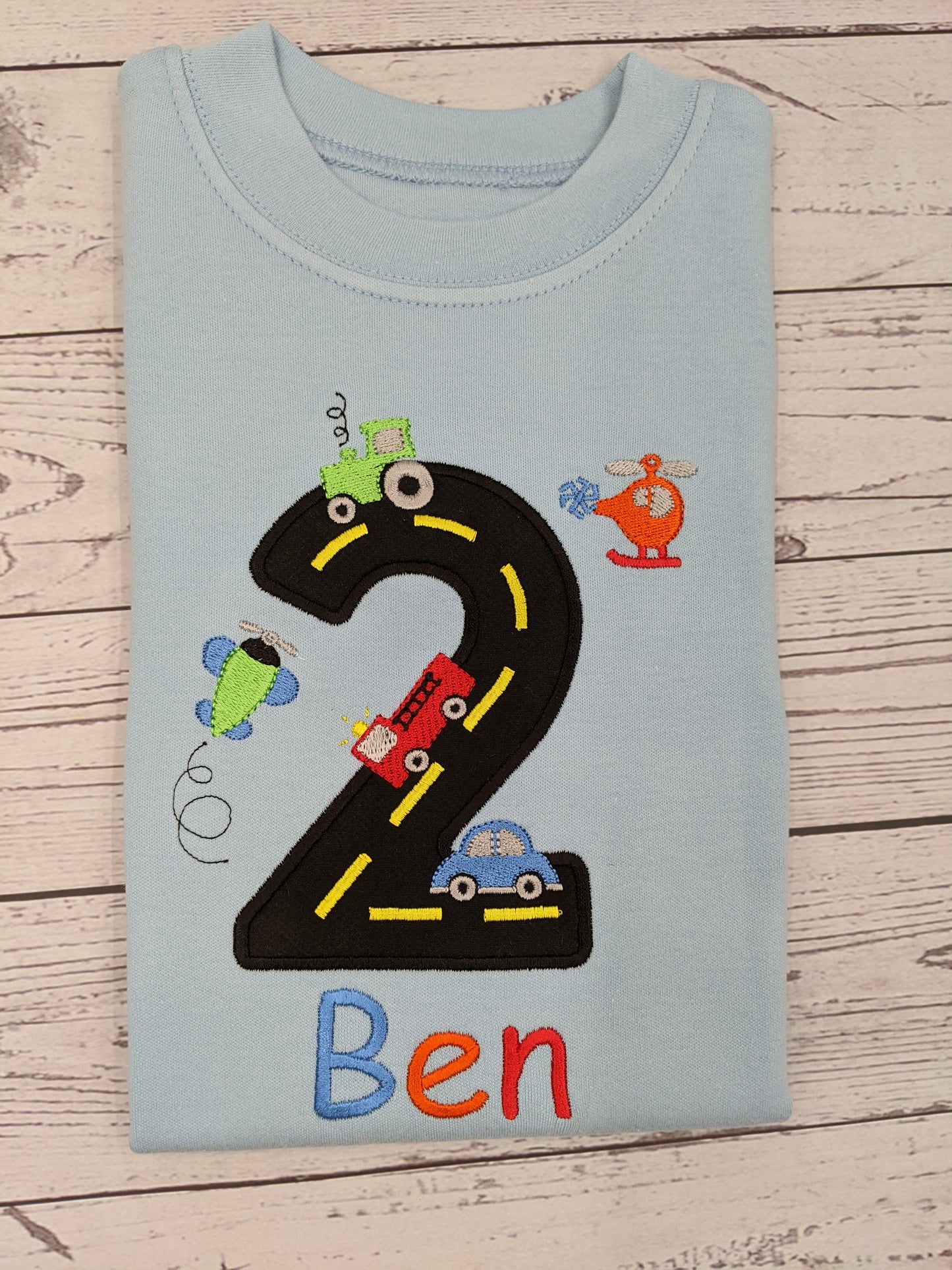 Children's Personalised Helicopter Car Tractor and Road Birthday Number Tshirt | Embroidered | Birthday Tshirt | Boys Birthday Gift