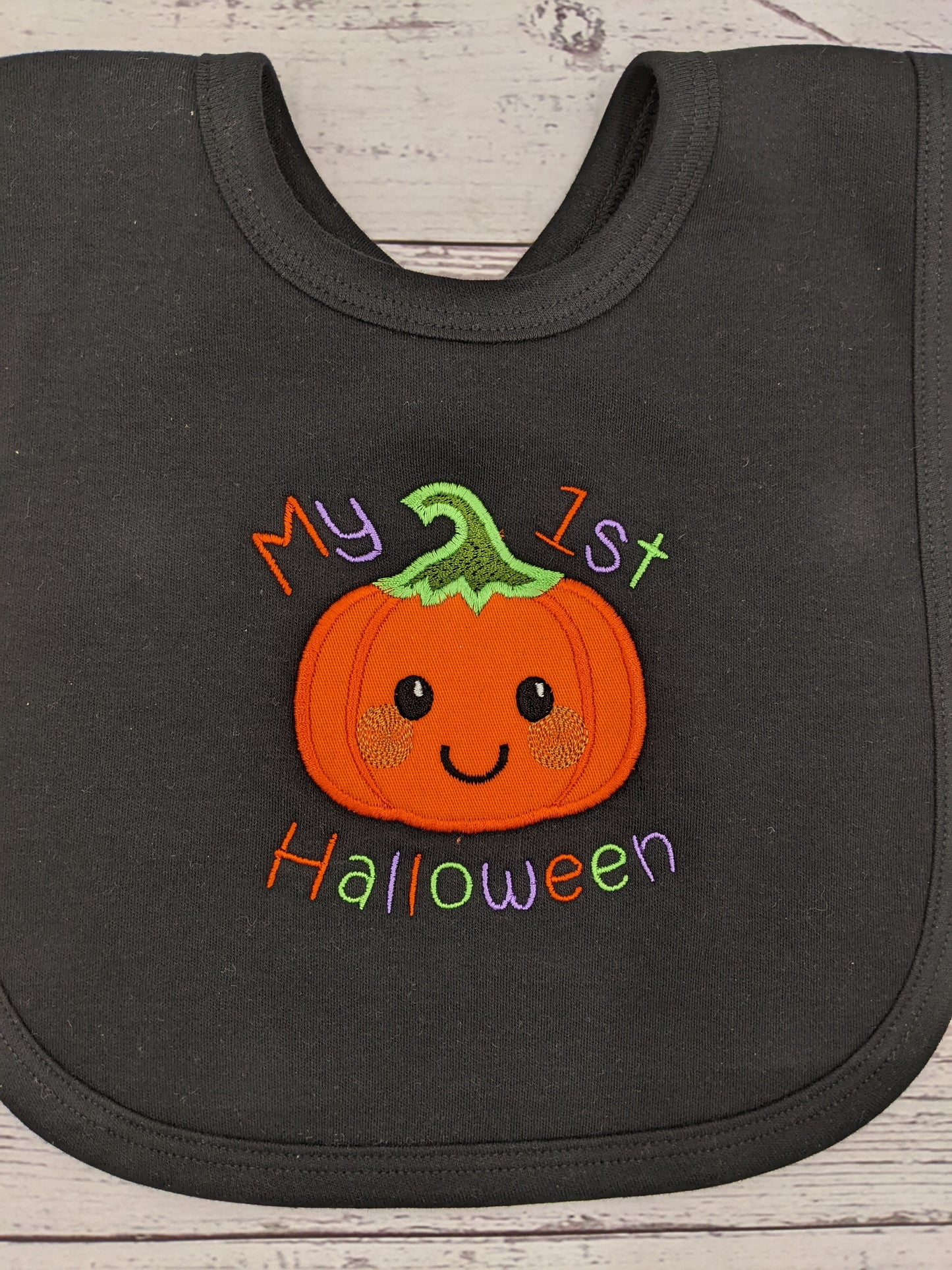 My 1st Halloween Bib | Black Bib with Orange Pumpkin | Embroidery