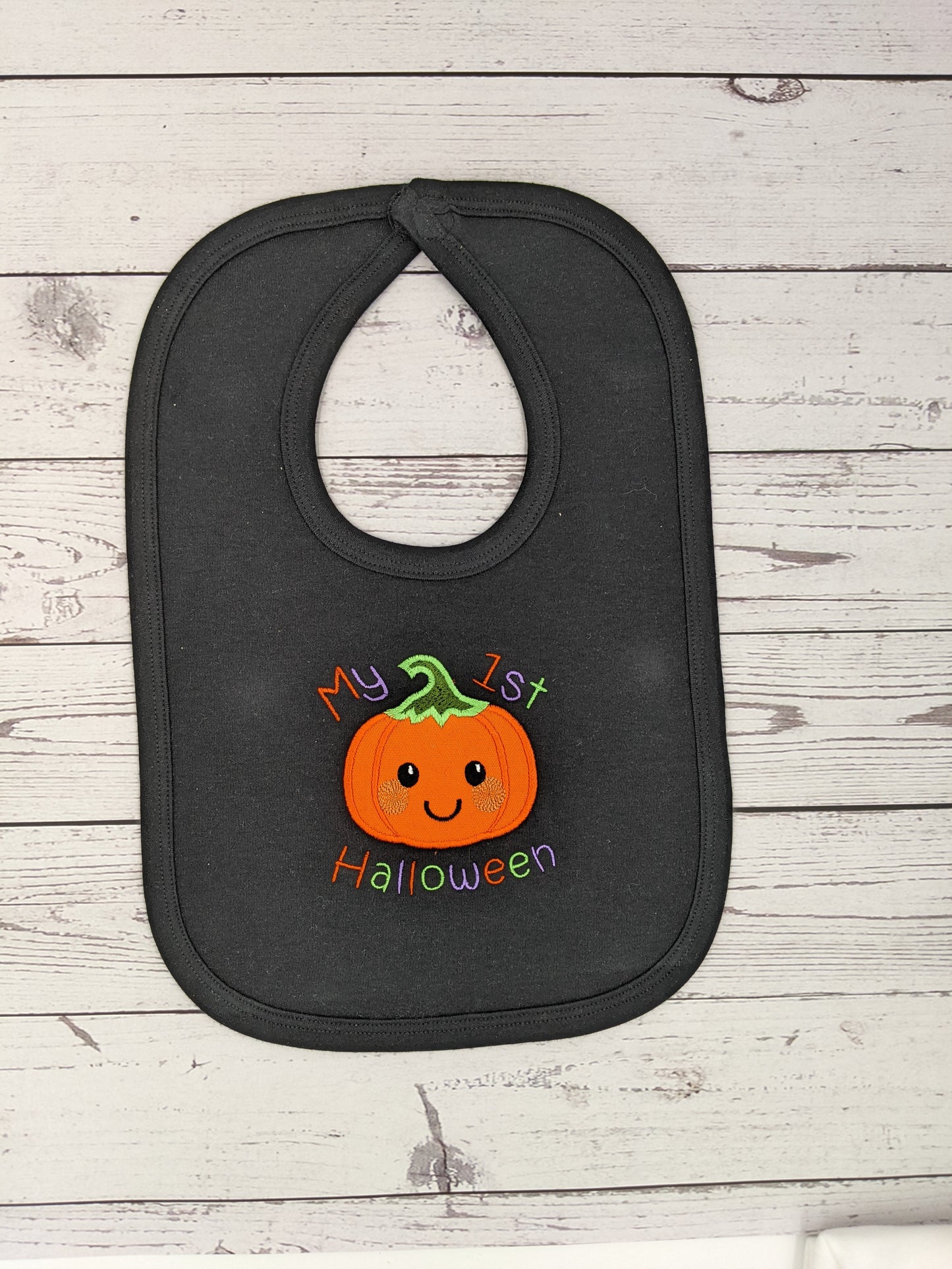 My 1st Halloween Bib | Black Bib with Orange Pumpkin | Embroidery