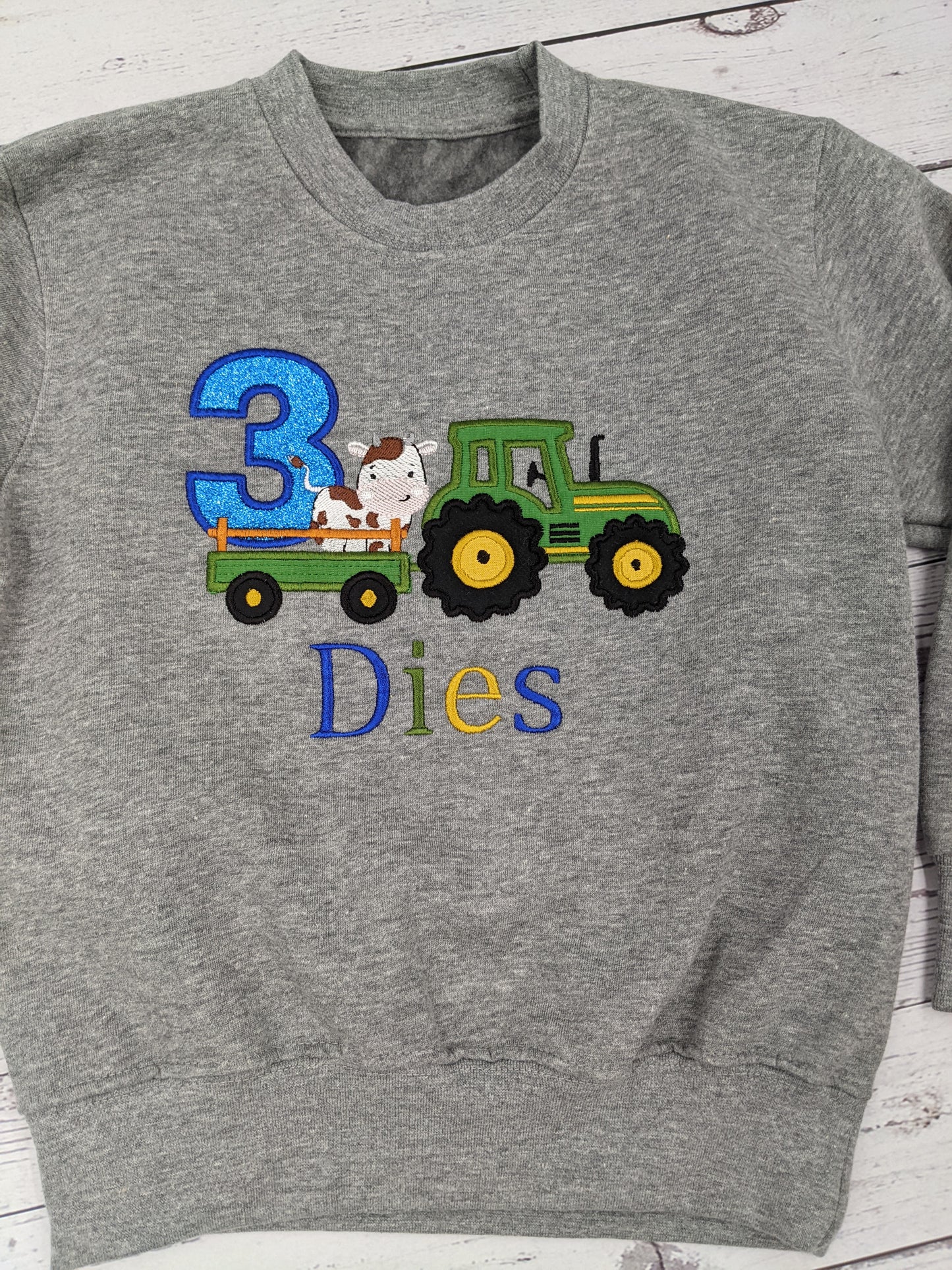 Children Personalised Birthday Sweatshirt  twith Tractor  and cow on a Trailer - Embroidery