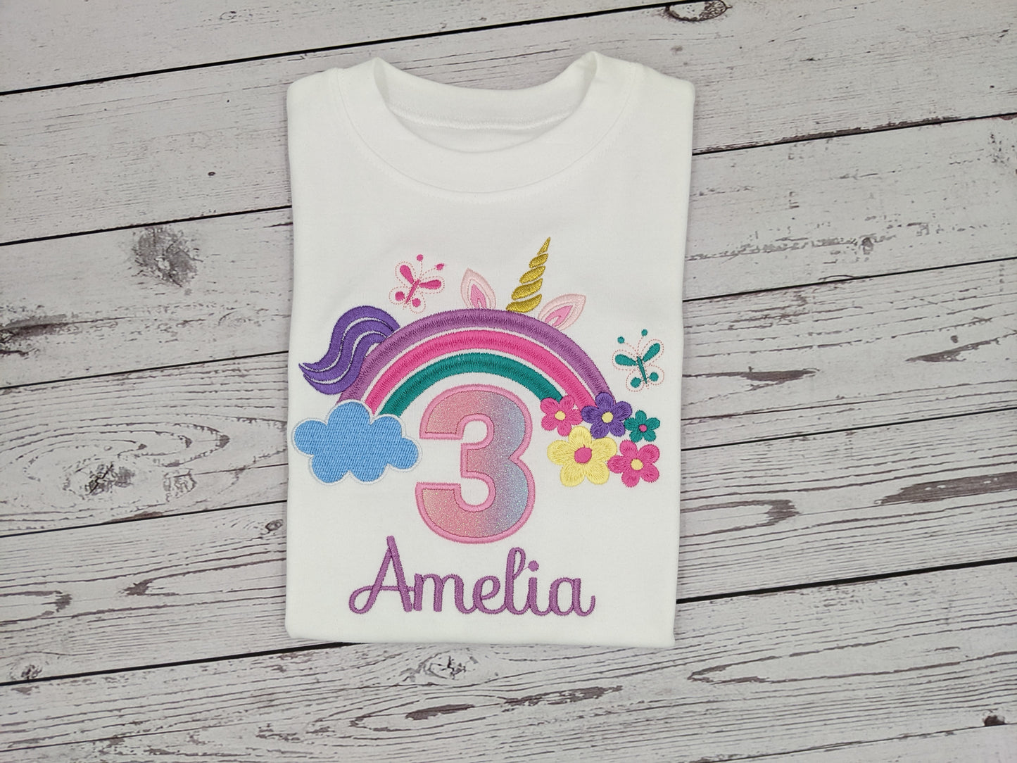 Children Personalised Birthday Tshirt Peek a Boo Unicorn - Embroidery