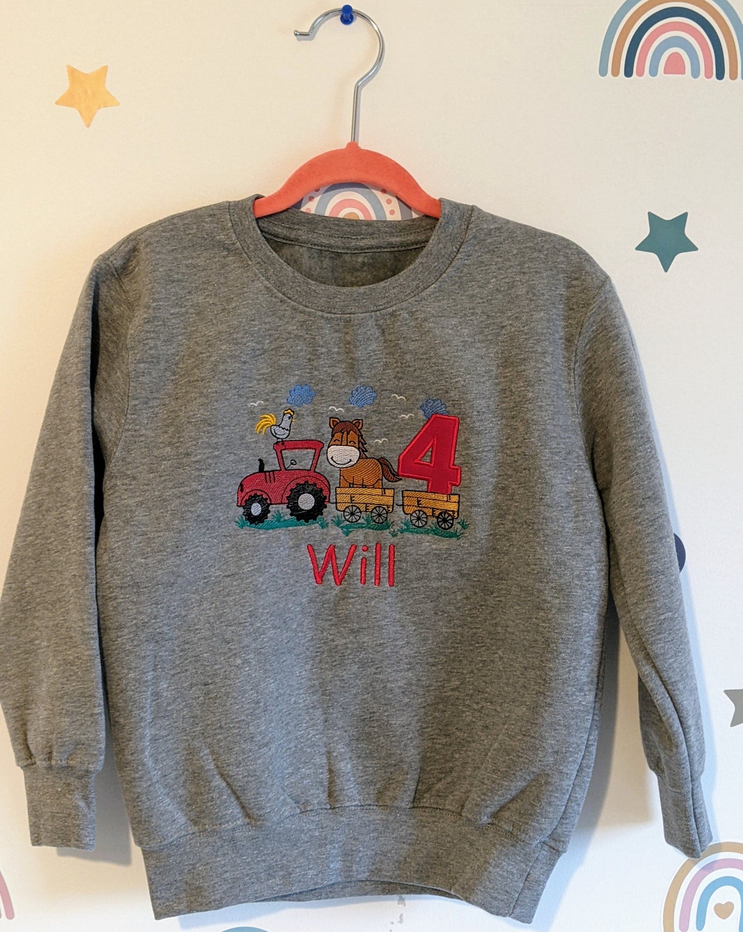 Children Personalised Birthday Sweatshirt  with Tractor  and horse on a Trailer - Embroidery